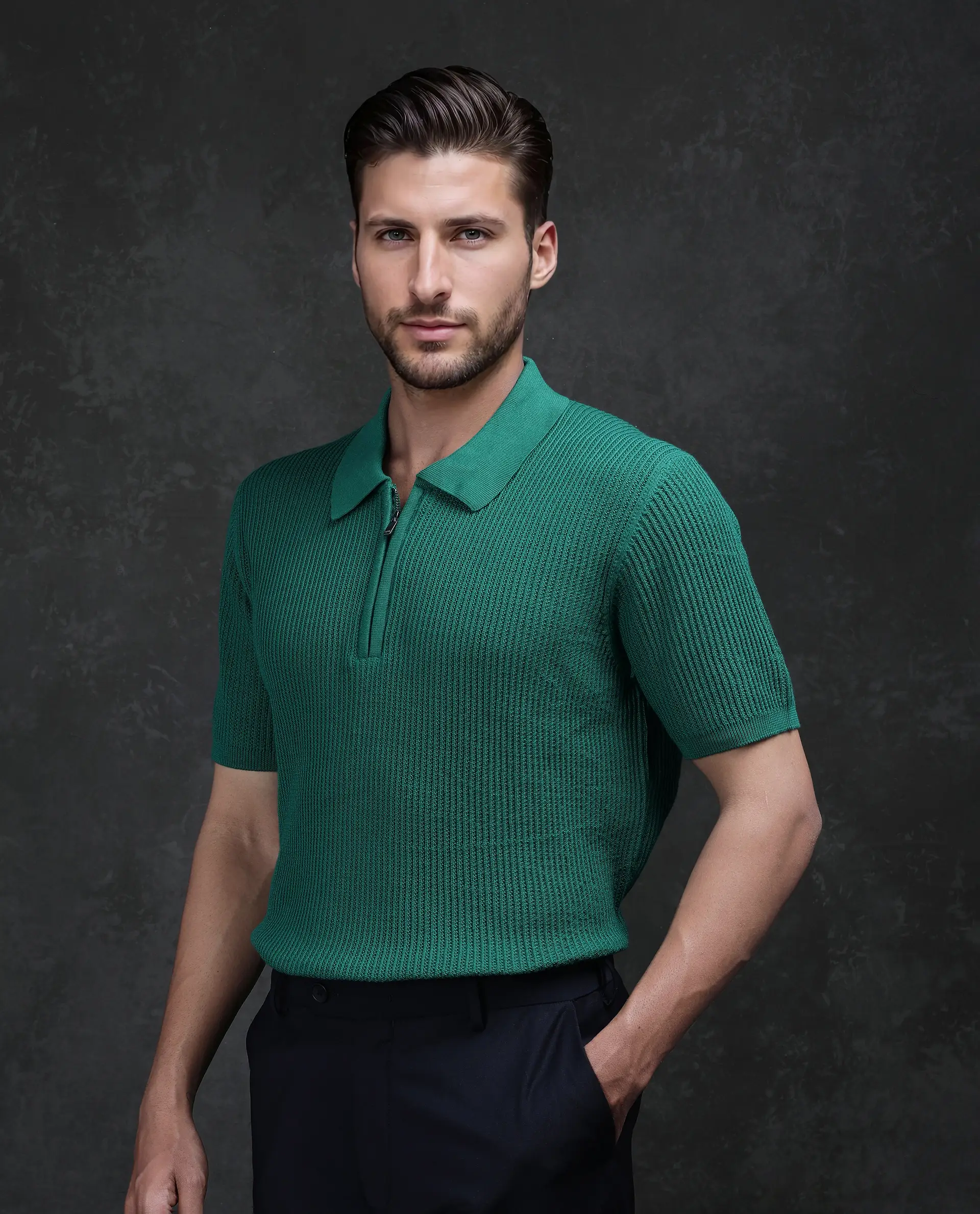 Rare Rabbit Men's Tris Green Cotton Plain Regular Fit Half Sleeve Polo - Image 6