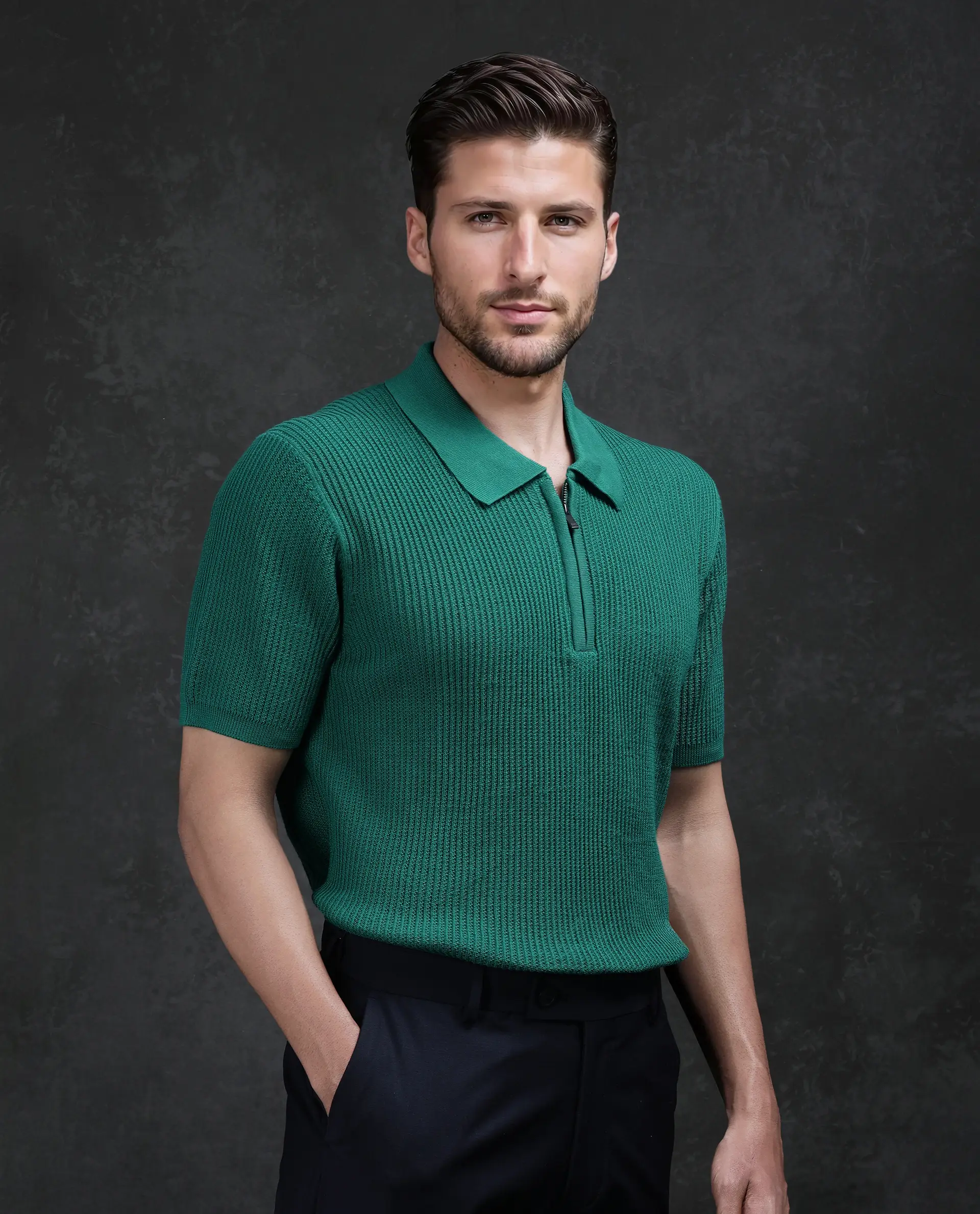 Rare Rabbit Men's Tris Green Cotton Plain Regular Fit Half Sleeve Polo - Image 7