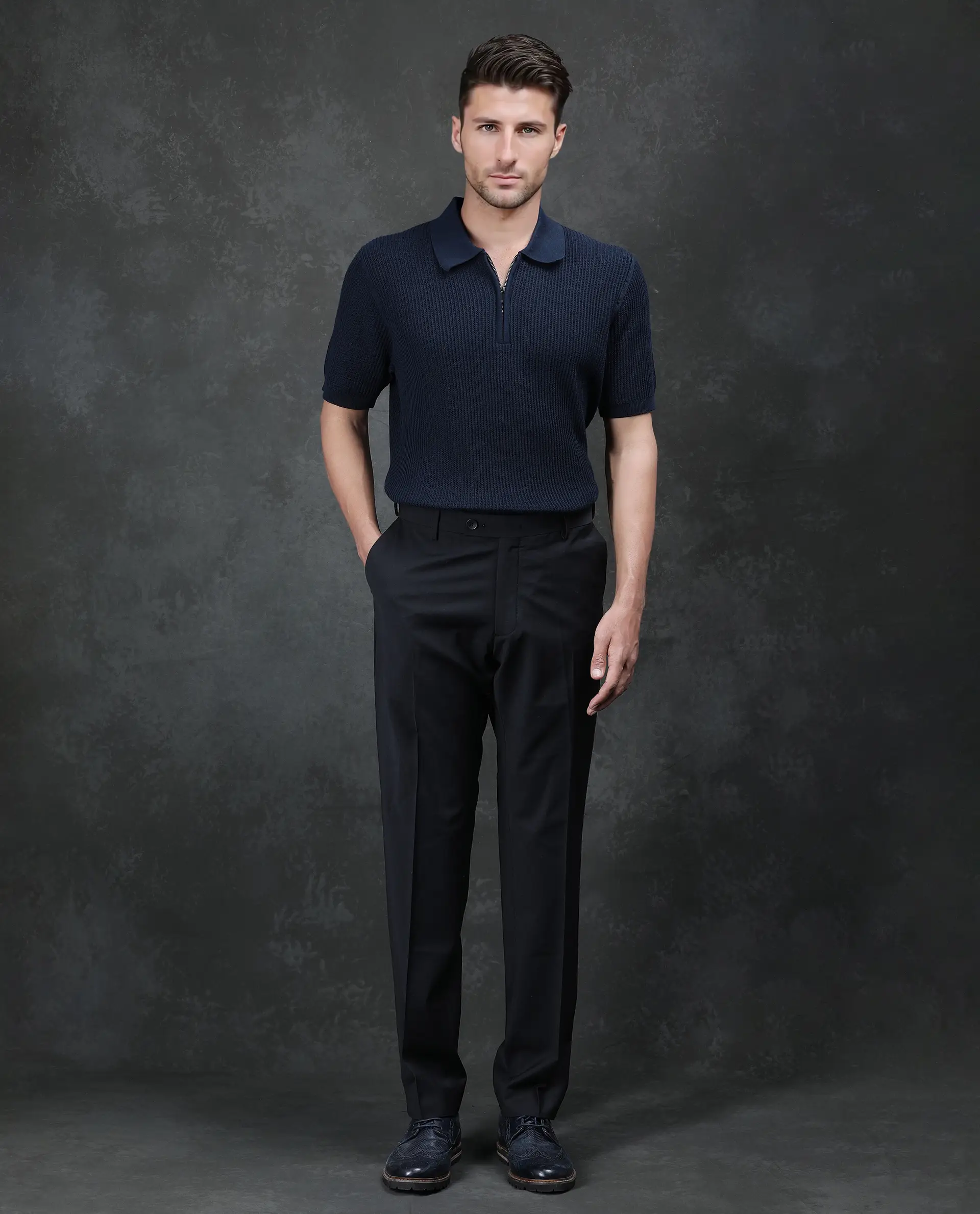 Rare Rabbit Men's Tris Navy Cotton Plain Regular Fit Half Sleeve Polo - Image 2