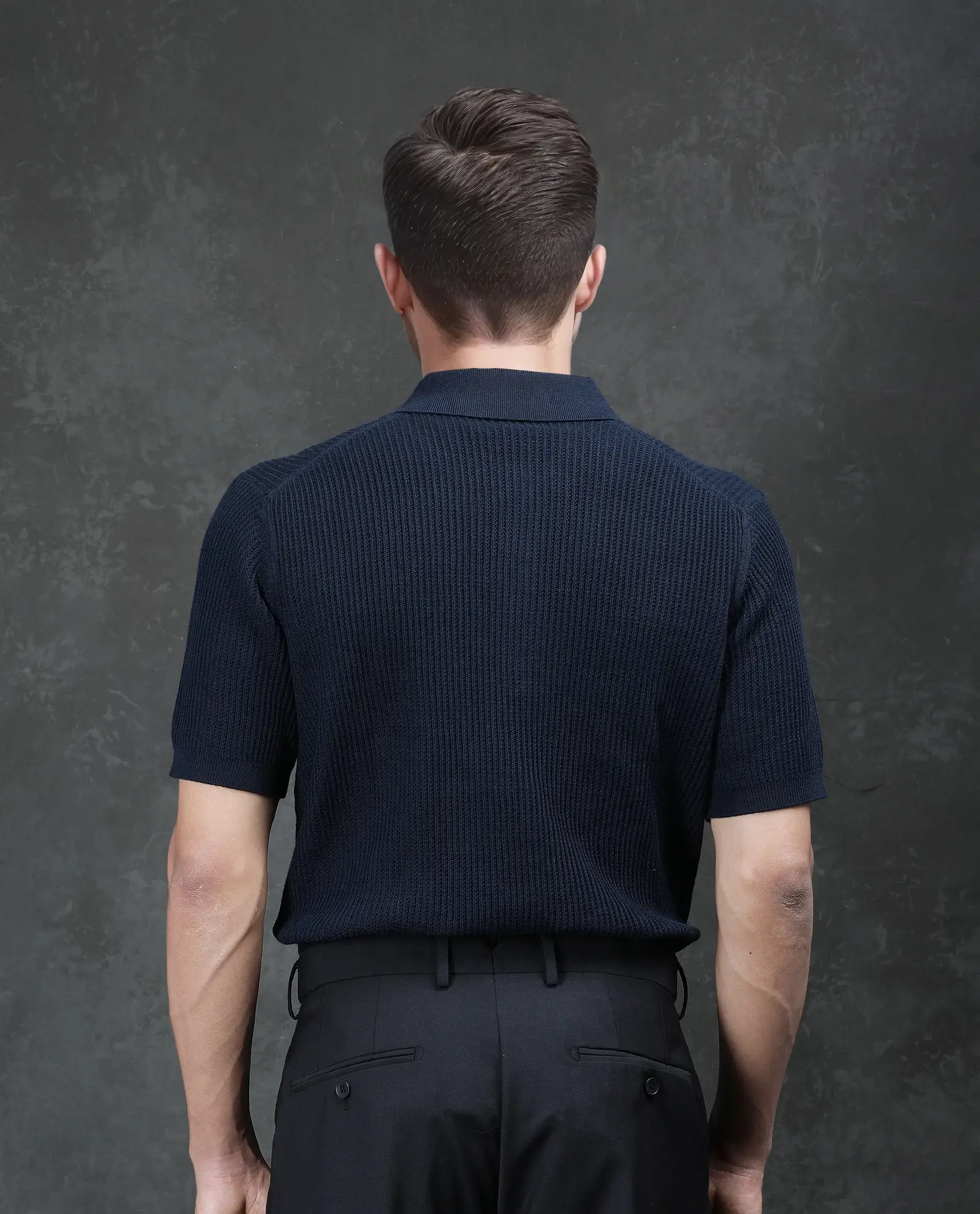 Rare Rabbit Men's Tris Navy Cotton Plain Regular Fit Half Sleeve Polo - Image 4