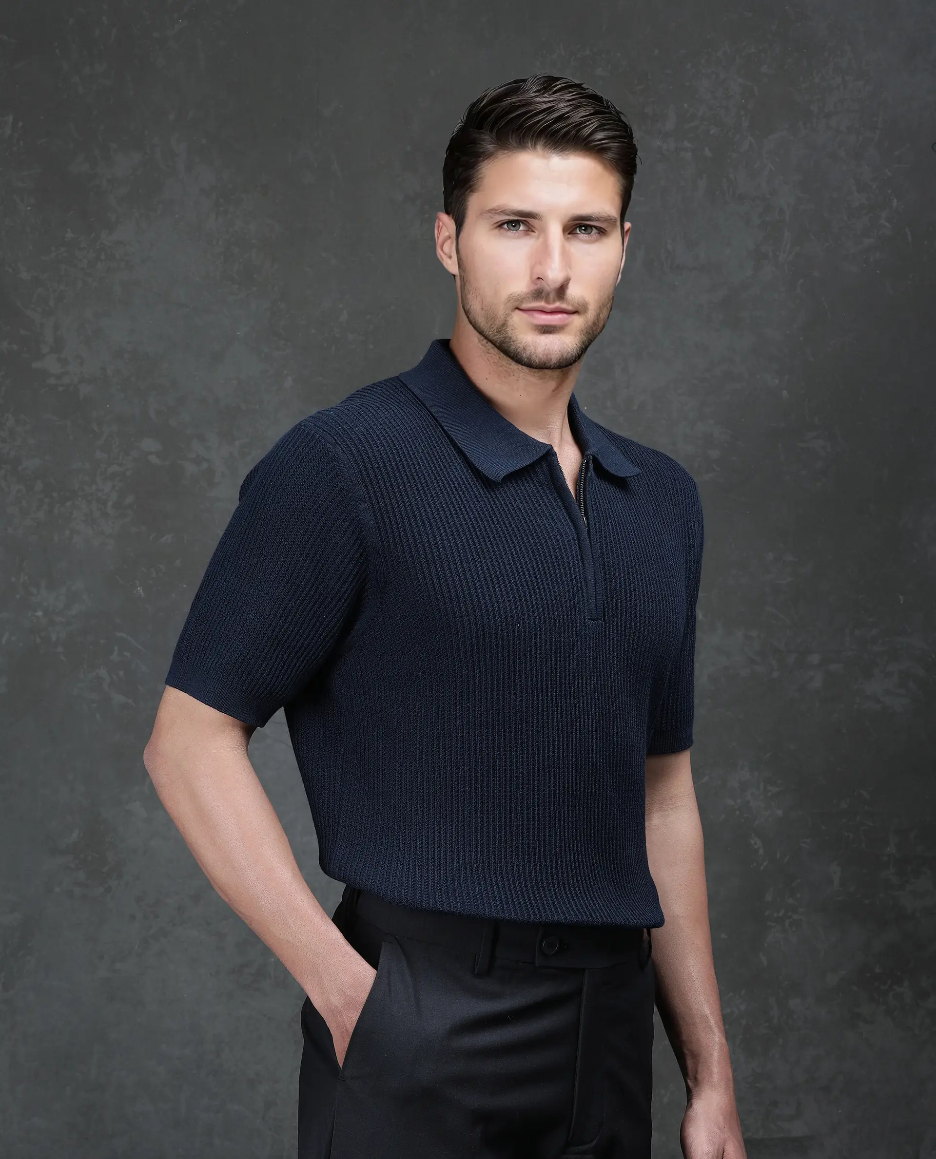 Rare Rabbit Men's Tris Navy Cotton Plain Regular Fit Half Sleeve Polo - Image 6