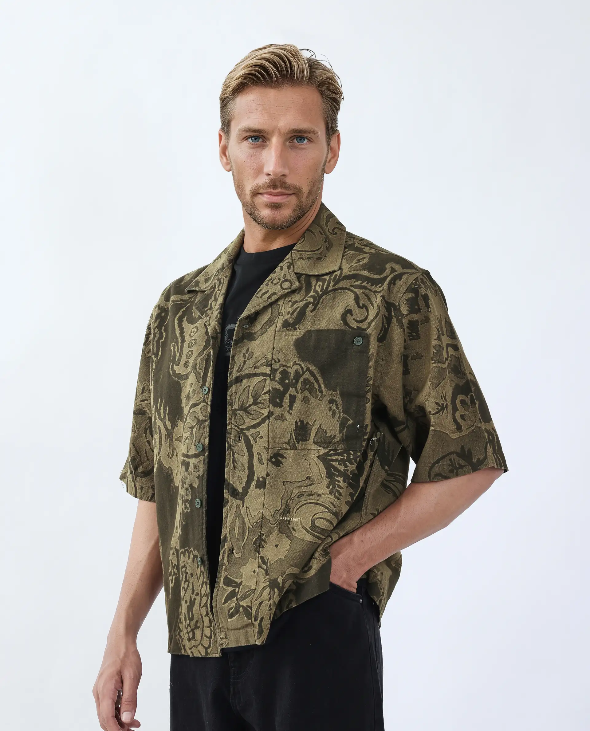 Rare Rabbit Men's Trish Olive Cotton Paisley Print Boxy Fit Half Sleeve Collared Shirt - Image 2