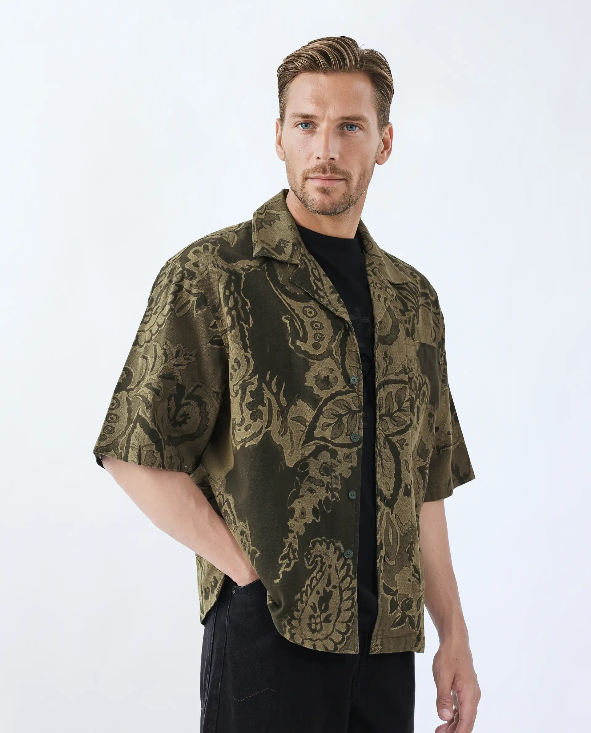 Rare Rabbit Men's Trish Olive Cotton Paisley Print Boxy Fit Half Sleeve Collared Shirt - Image 3