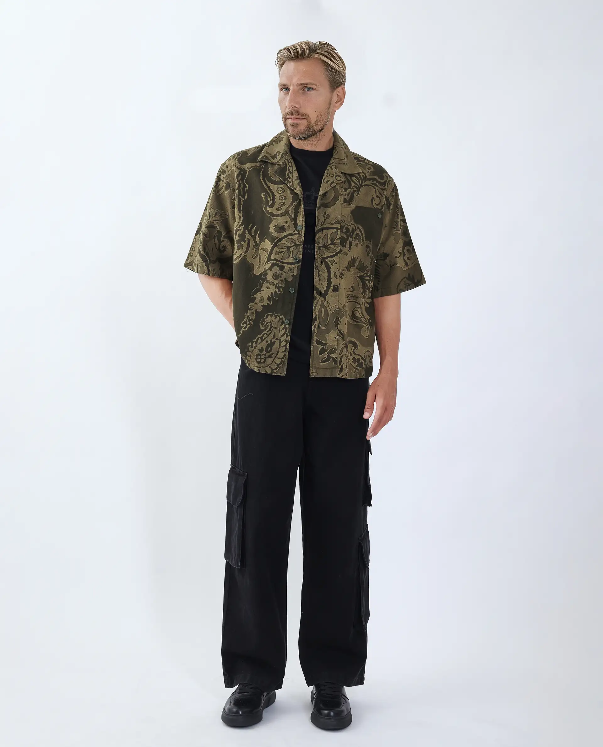 Rare Rabbit Men's Trish Olive Cotton Paisley Print Boxy Fit Half Sleeve Collared Shirt - Image 4