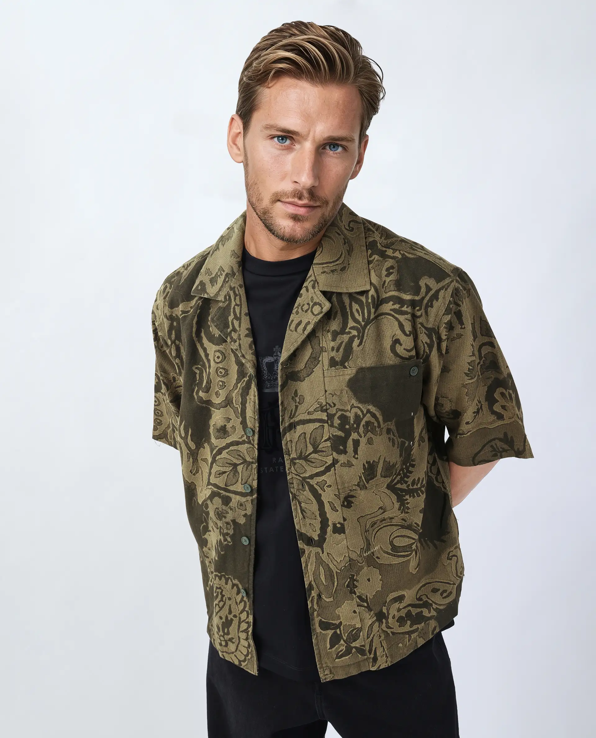 Rare Rabbit Men's Trish Olive Cotton Paisley Print Boxy Fit Half Sleeve Collared Shirt - Image 6