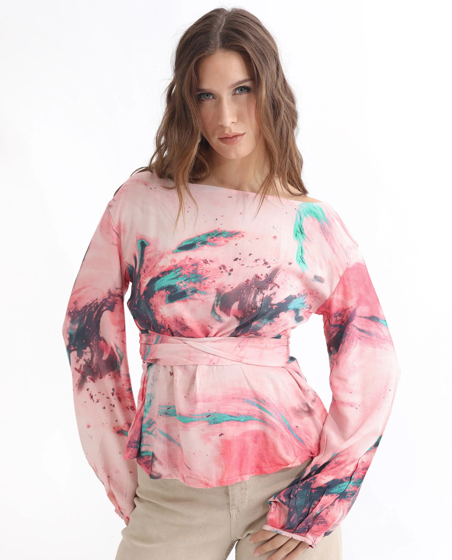 Rareism Women's Trivia Multi Viscose Boat Neck Abstract Print Extended Sleeves Regular Fit Top - Image 11