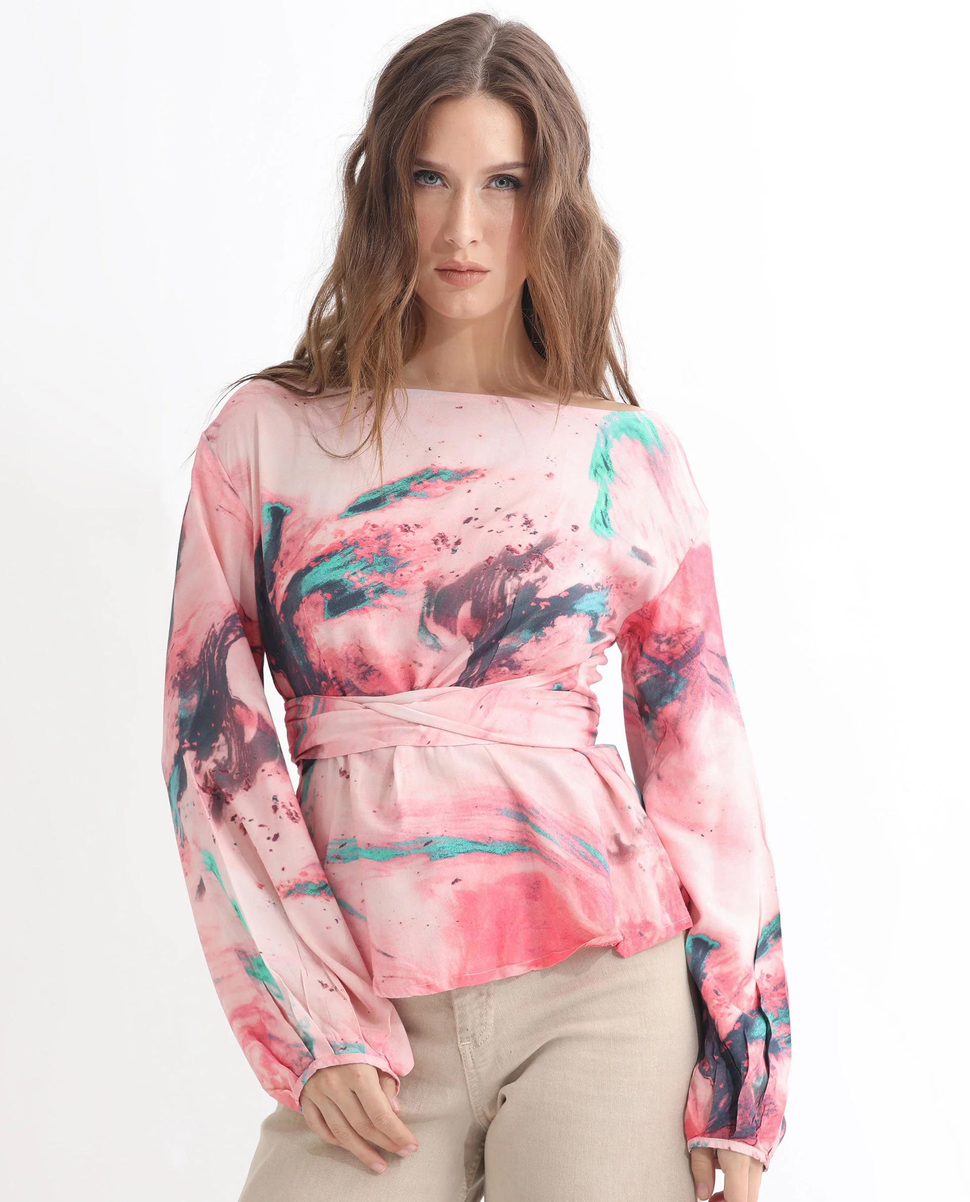 Rareism Women's Trivia Multi Viscose Boat Neck Abstract Print Extended Sleeves Regular Fit Top - Image 2
