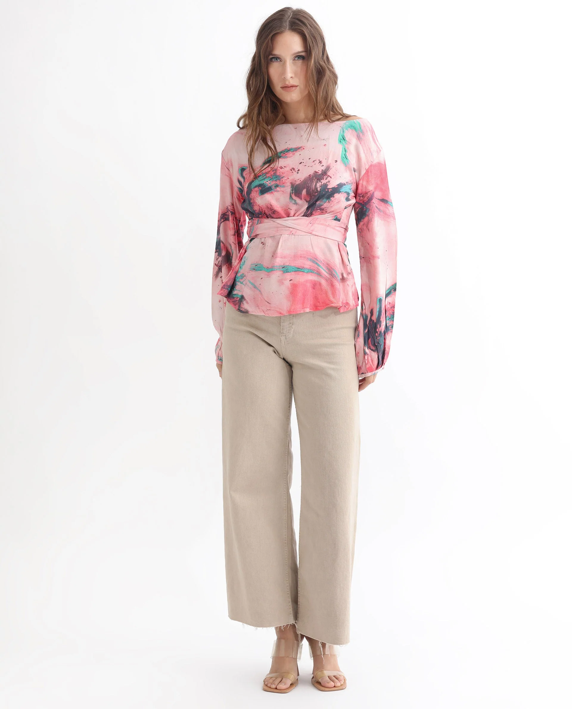 Rareism Women's Trivia Multi Viscose Boat Neck Abstract Print Extended Sleeves Regular Fit Top - Image 3