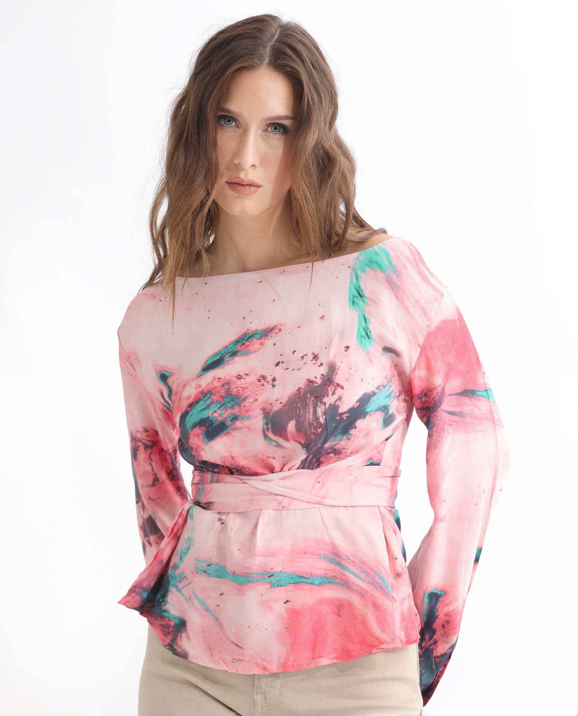 Rareism Women's Trivia Multi Viscose Boat Neck Abstract Print Extended Sleeves Regular Fit Top - Image 5