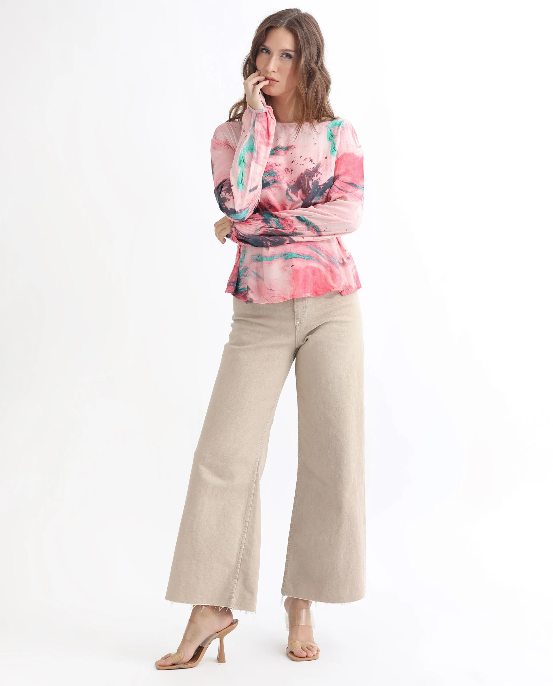 Rareism Women's Trivia Multi Viscose Boat Neck Abstract Print Extended Sleeves Regular Fit Top - Image 7