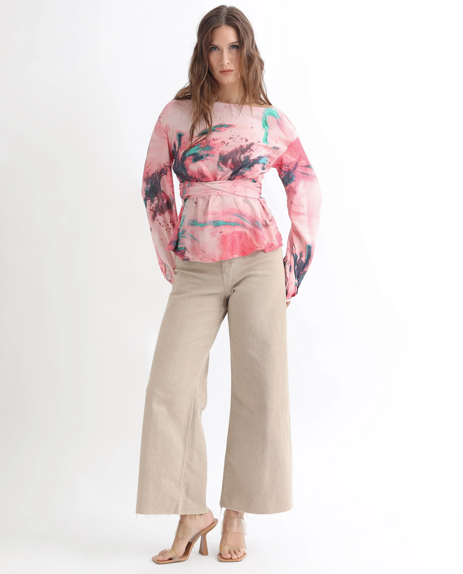Rareism Women's Trivia Multi Viscose Boat Neck Abstract Print Extended Sleeves Regular Fit Top - Image 8