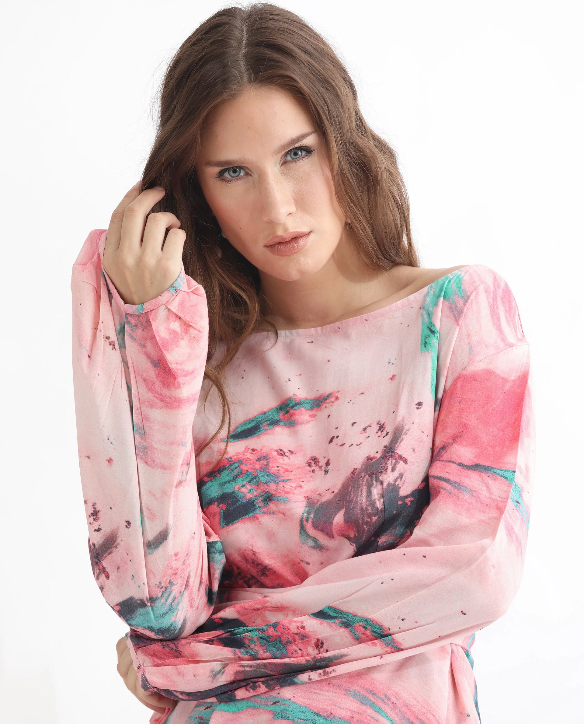 Rareism Women's Trivia Multi Viscose Boat Neck Abstract Print Extended Sleeves Regular Fit Top - Image 9