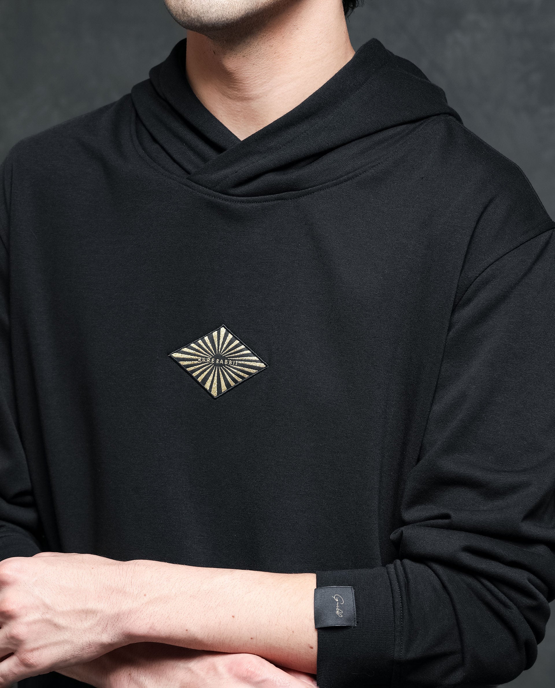 Rare Rabbit Men's Trivial Black Cotton Plain Regular Fit Full Sleeve Hooded Sweatshirt - Image 3