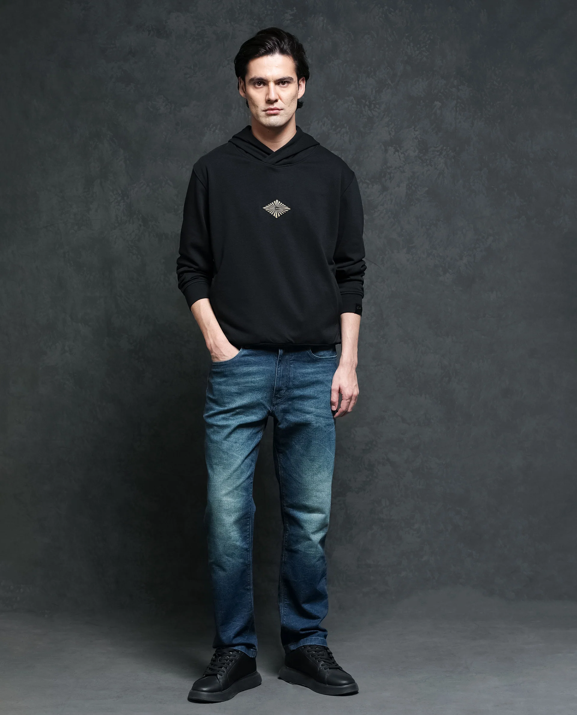 Rare Rabbit Men's Trivial Black Cotton Plain Regular Fit Full Sleeve Hooded Sweatshirt - Image 4