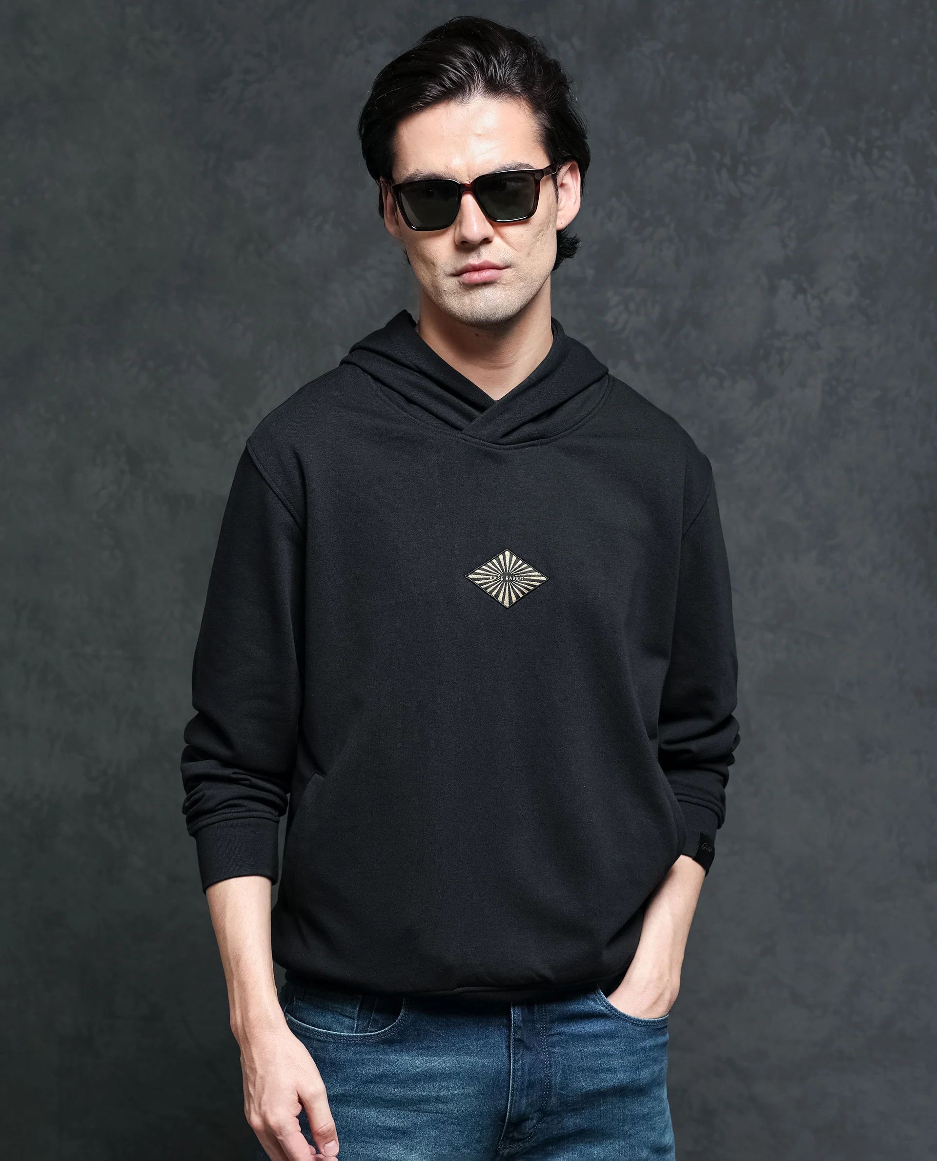 Rare Rabbit Men's Trivial Black Cotton Plain Regular Fit Full Sleeve Hooded Sweatshirt - Image 5