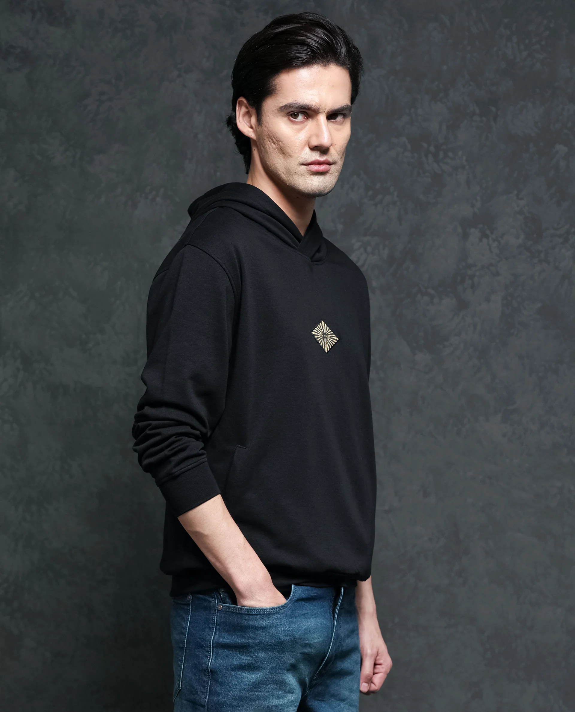 Rare Rabbit Men's Trivial Black Cotton Plain Regular Fit Full Sleeve Hooded Sweatshirt - Image 6