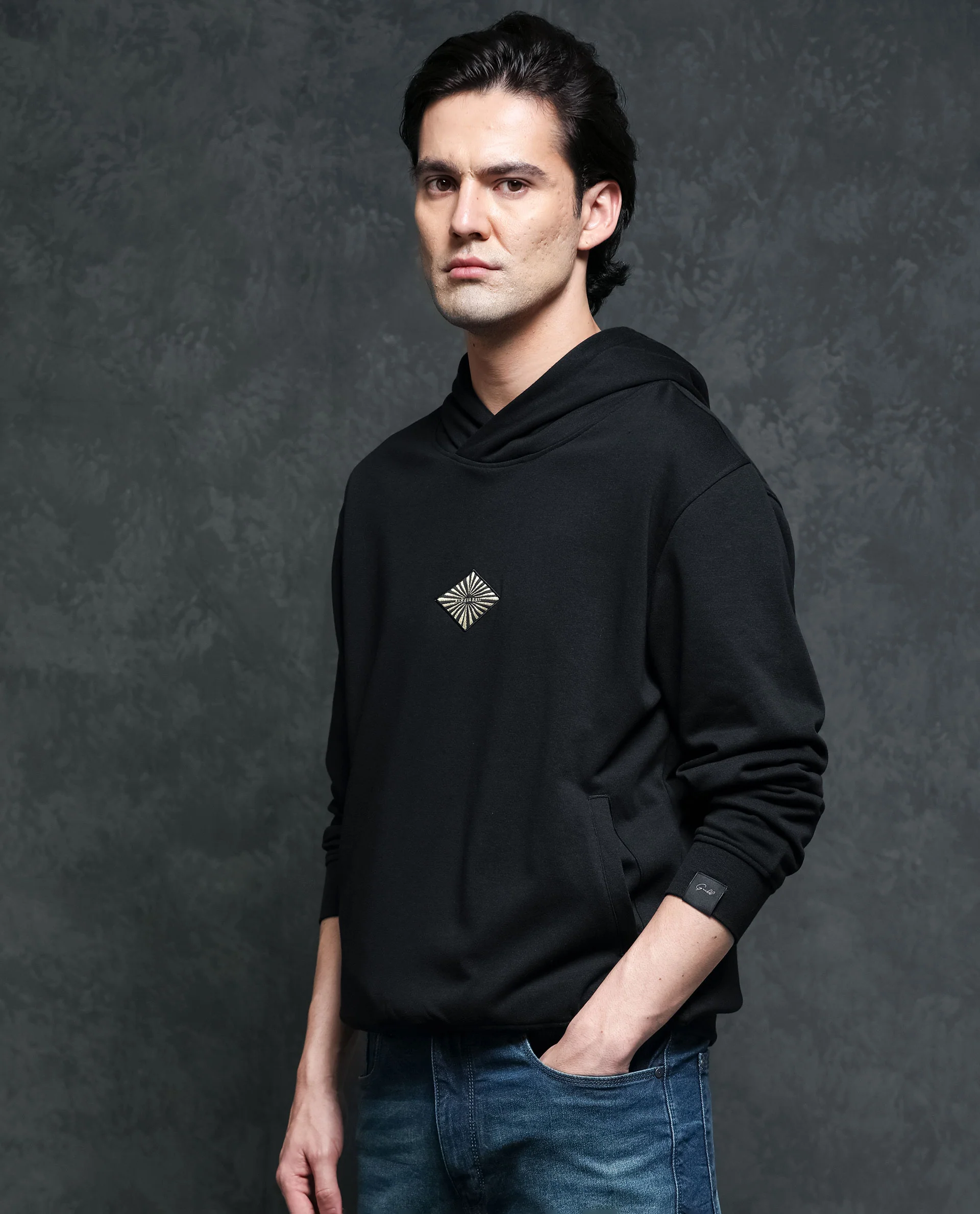 Rare Rabbit Men's Trivial Black Cotton Plain Regular Fit Full Sleeve Hooded Sweatshirt - Image 7