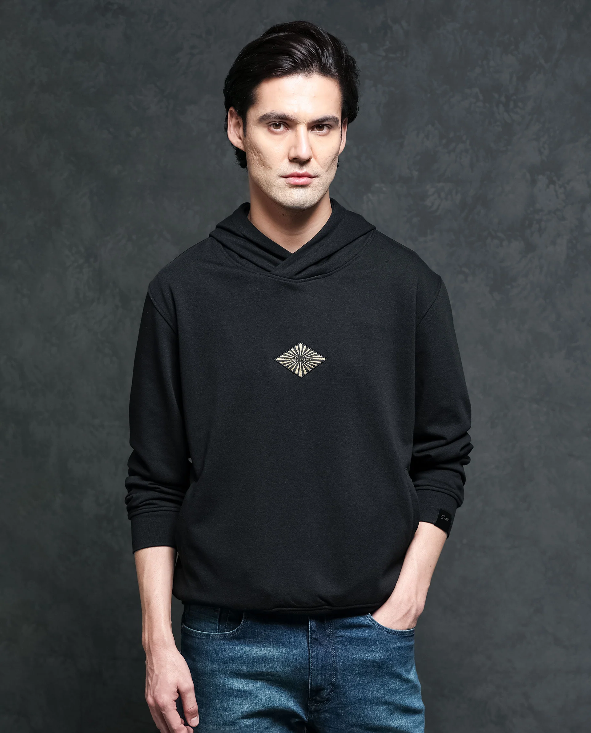 Rare Rabbit Men's Trivial Black Cotton Plain Regular Fit Full Sleeve Hooded Sweatshirt - Image 8