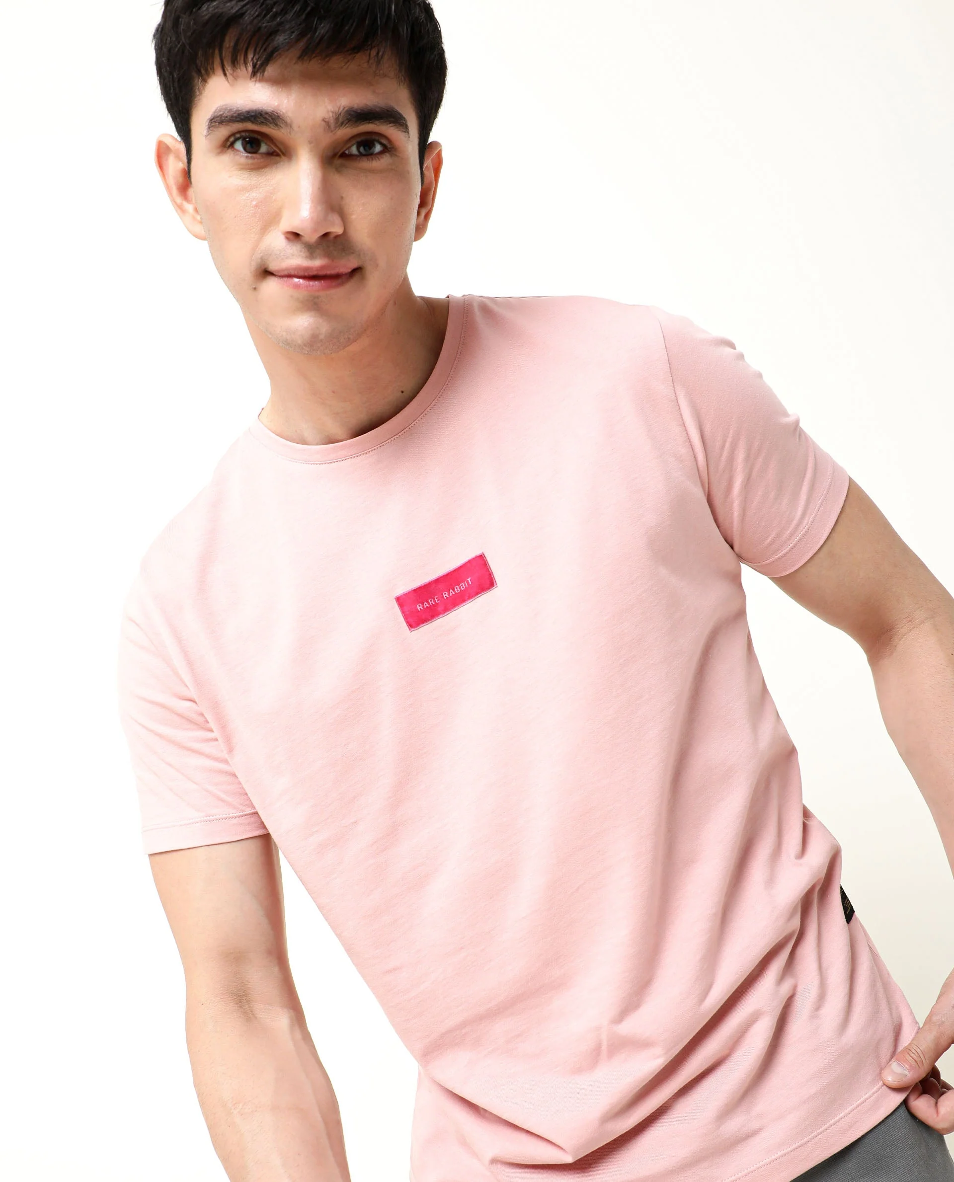 Rare Rabbit Men's Trix Peach Cotton Plain Slim Fit Half Sleeve Crew Neck T-Shirt - Image 2