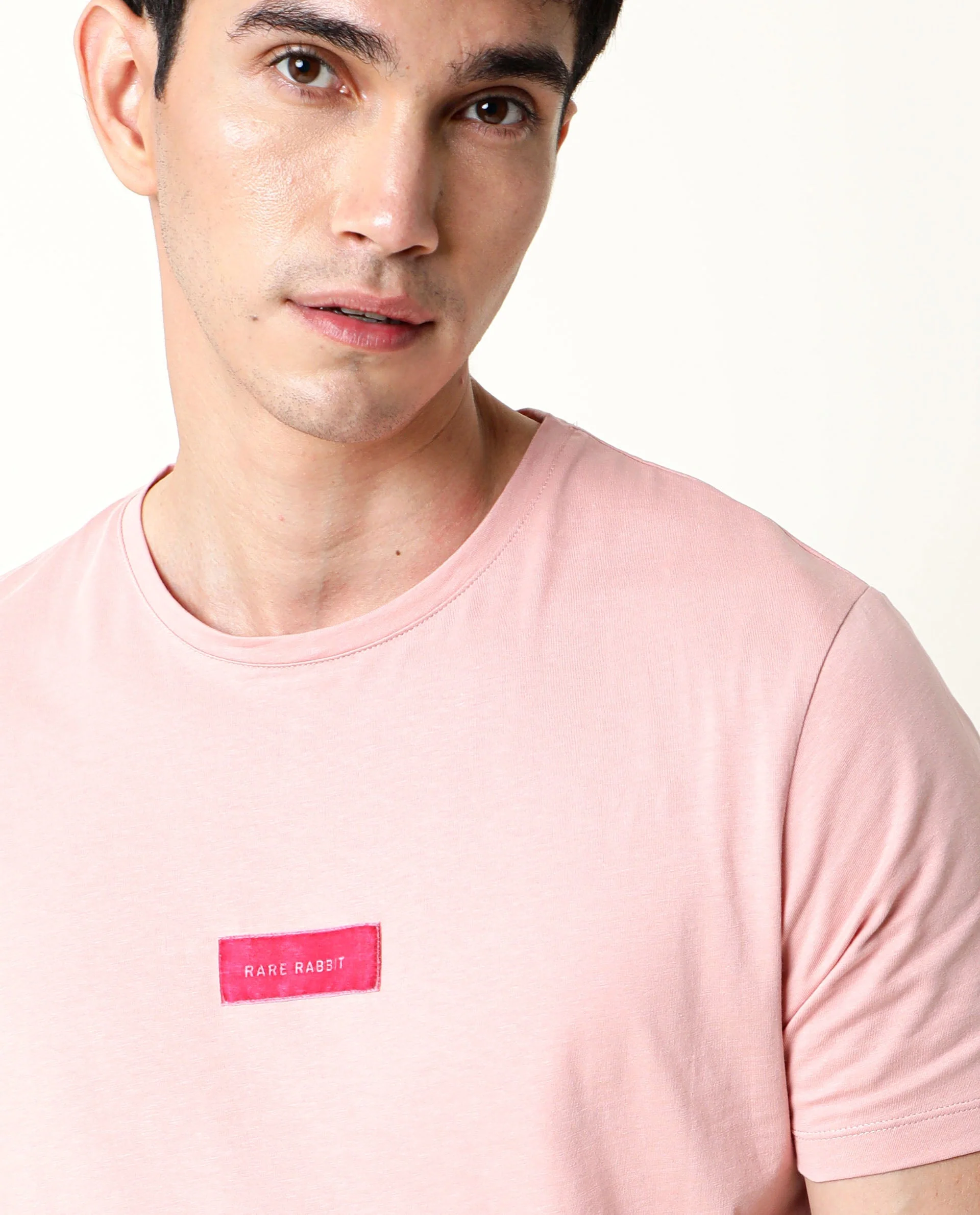 Rare Rabbit Men's Trix Peach Cotton Plain Slim Fit Half Sleeve Crew Neck T-Shirt - Image 3