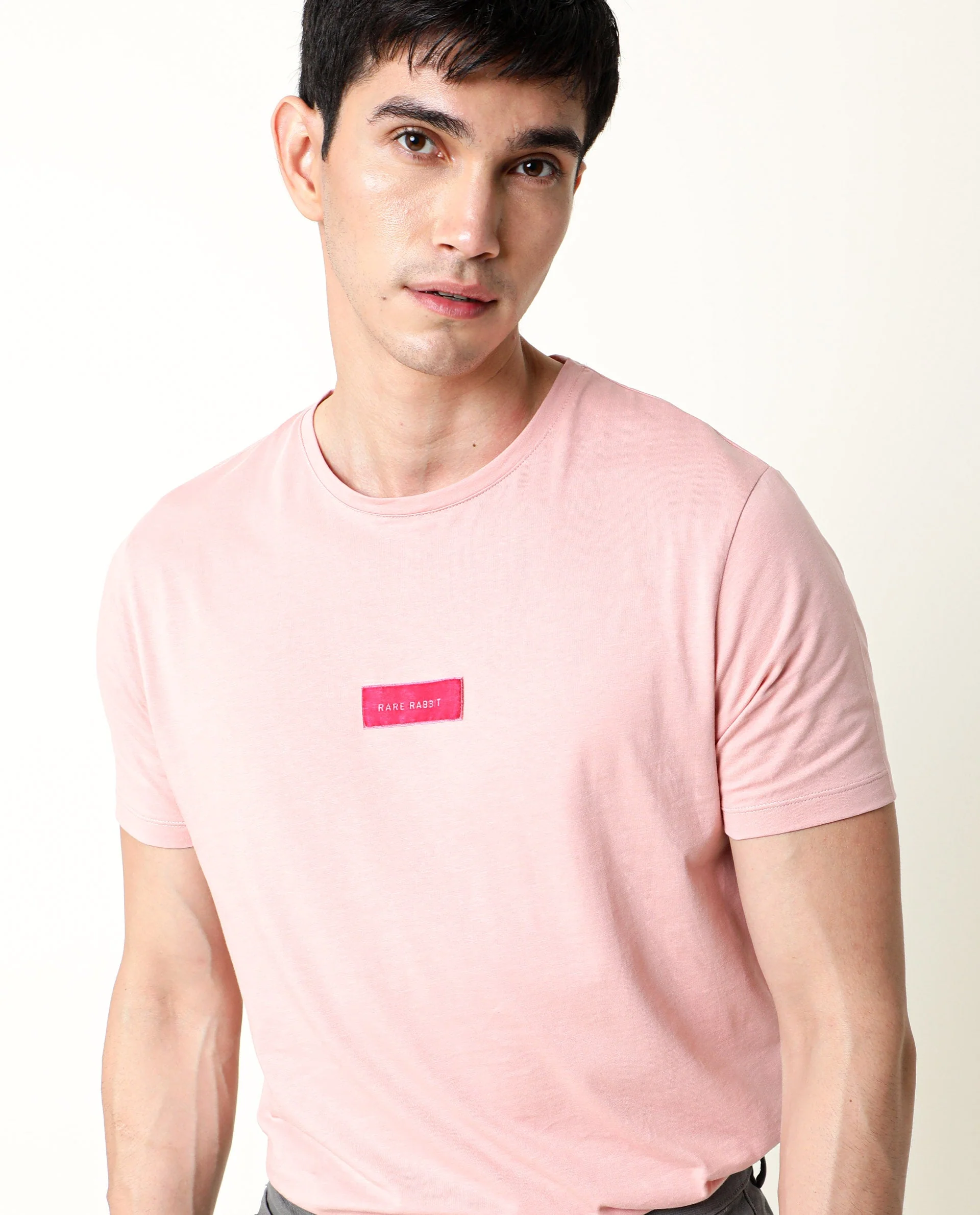 Rare Rabbit Men's Trix Peach Cotton Plain Slim Fit Half Sleeve Crew Neck T-Shirt - Image 4