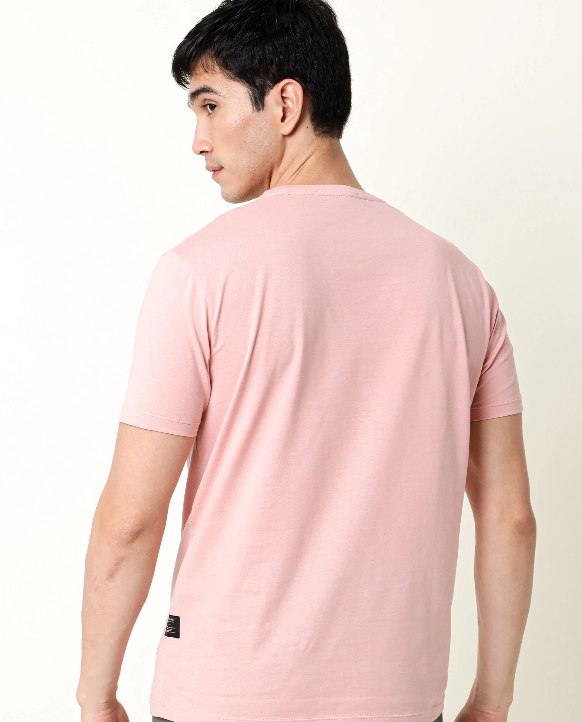 Rare Rabbit Men's Trix Peach Cotton Plain Slim Fit Half Sleeve Crew Neck T-Shirt - Image 6