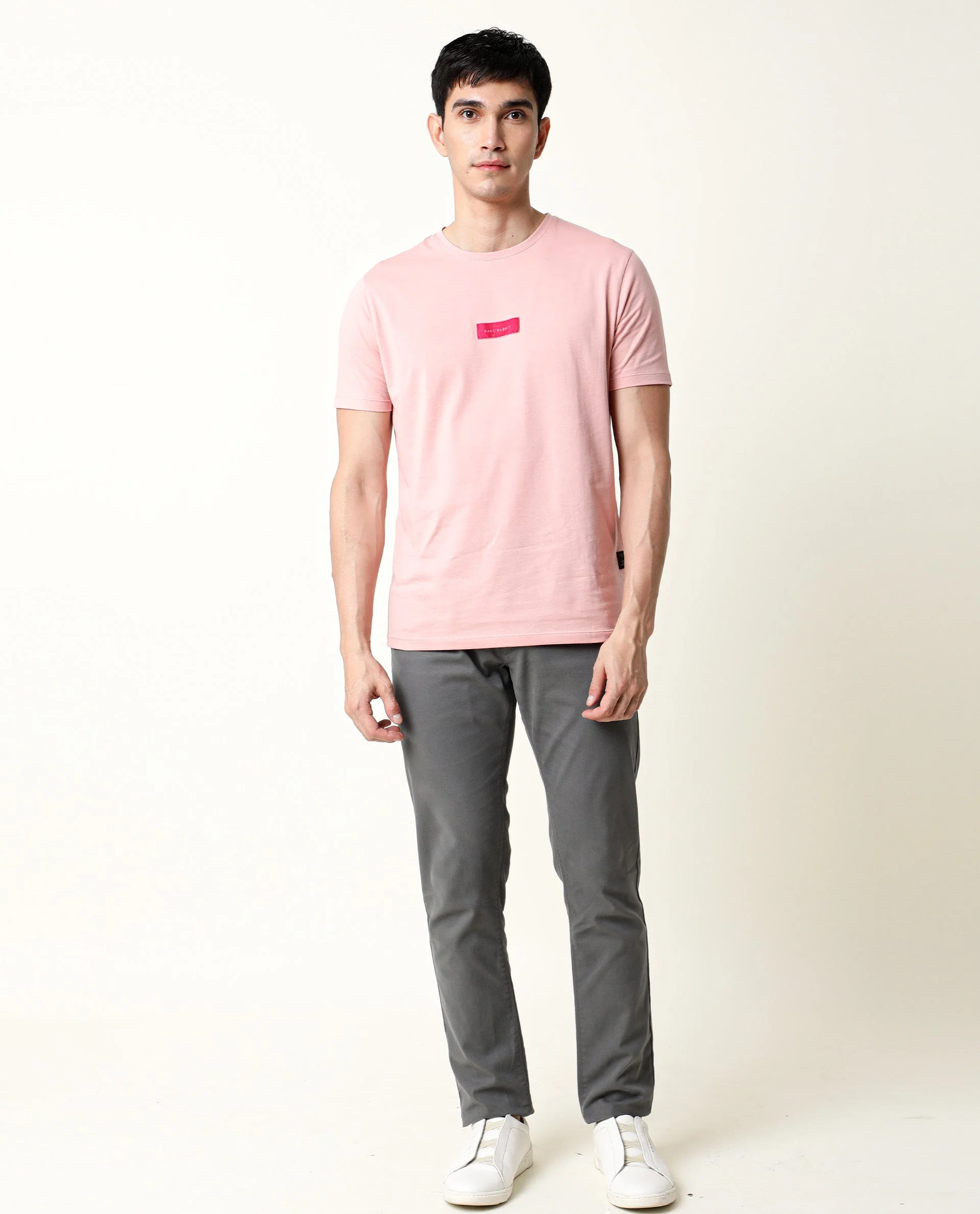 Rare Rabbit Men's Trix Peach Cotton Plain Slim Fit Half Sleeve Crew Neck T-Shirt - Image 8