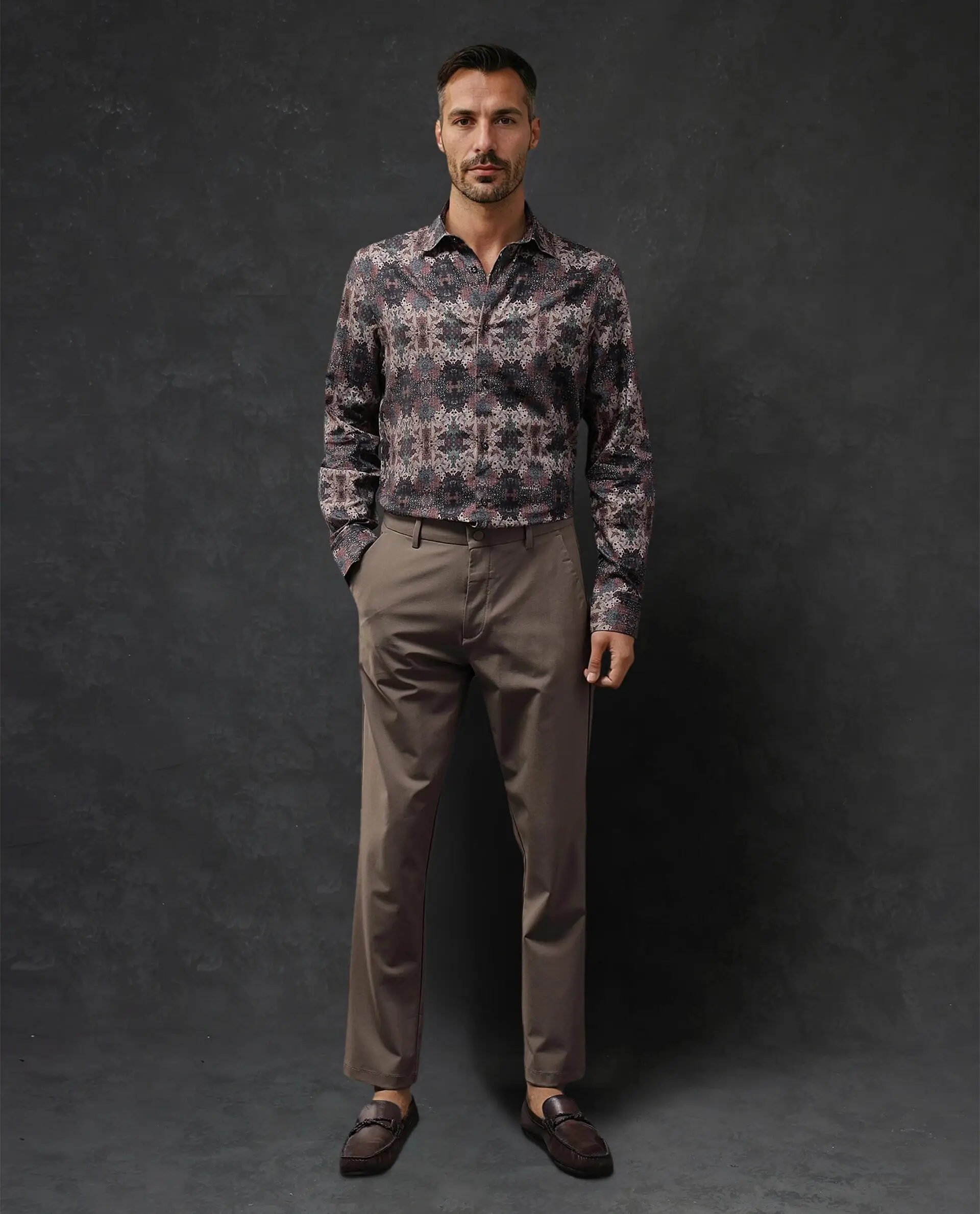 Rare Rabbit Men's Troco Ls Brown Cotton Blend Decorative Print Boxy Fit Full Sleeve Collared Shirt - Image 2