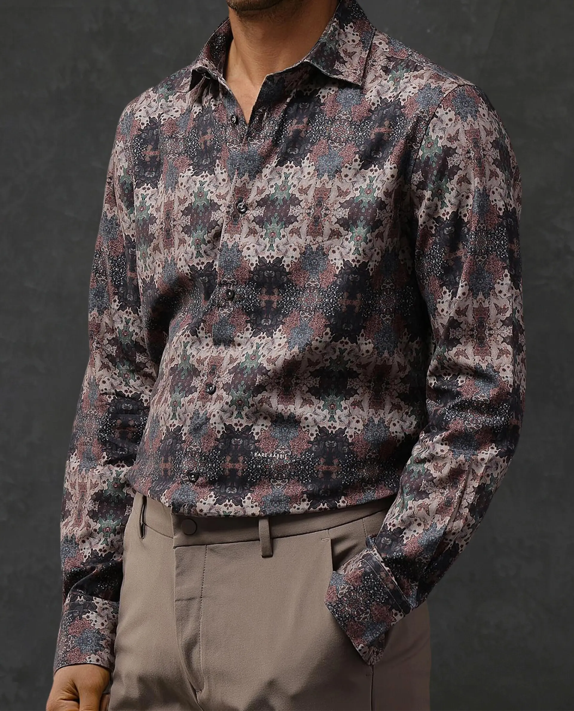 Rare Rabbit Men's Troco Ls Brown Cotton Blend Decorative Print Boxy Fit Full Sleeve Collared Shirt - Image 3