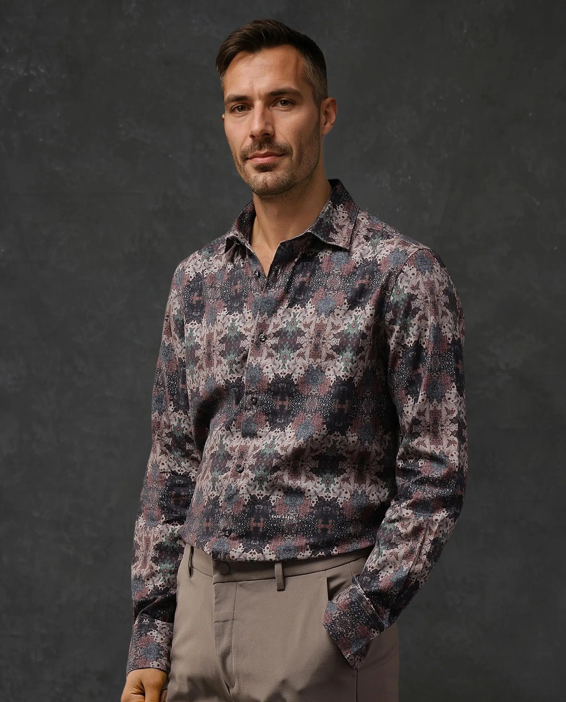 Rare Rabbit Men's Troco Ls Brown Cotton Blend Decorative Print Boxy Fit Full Sleeve Collared Shirt - Image 4