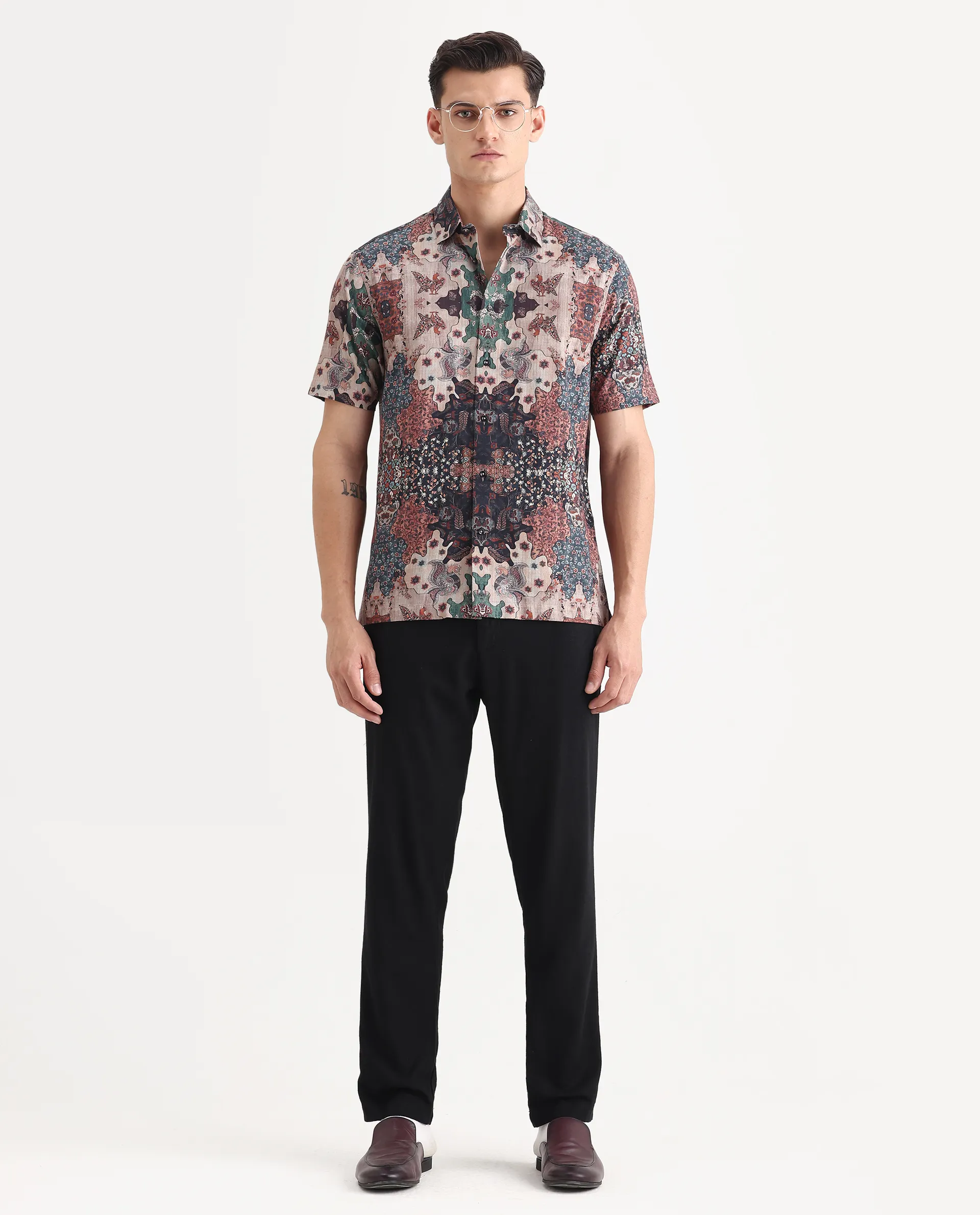 Rare Rabbit Men's Troco Ss Brown Cotton Blend Decorative Print Boxy Fit Half Sleeve Collared Shirt - Image 2
