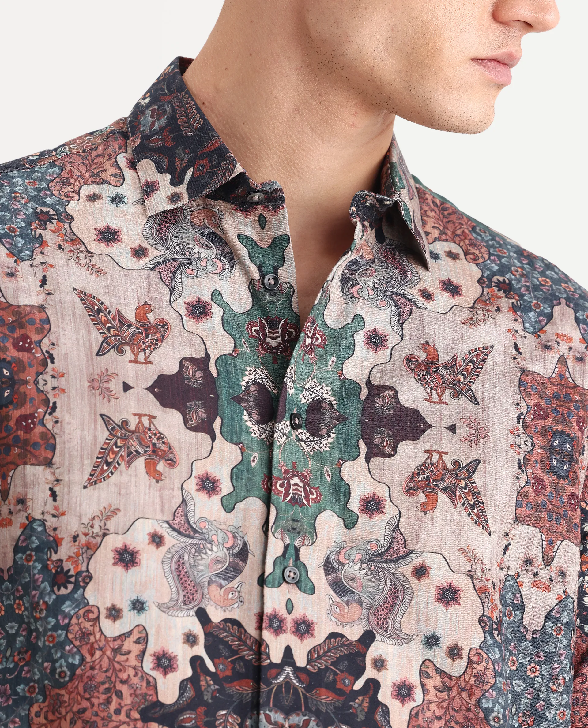 Rare Rabbit Men's Troco Ss Brown Cotton Blend Decorative Print Boxy Fit Half Sleeve Collared Shirt - Image 3