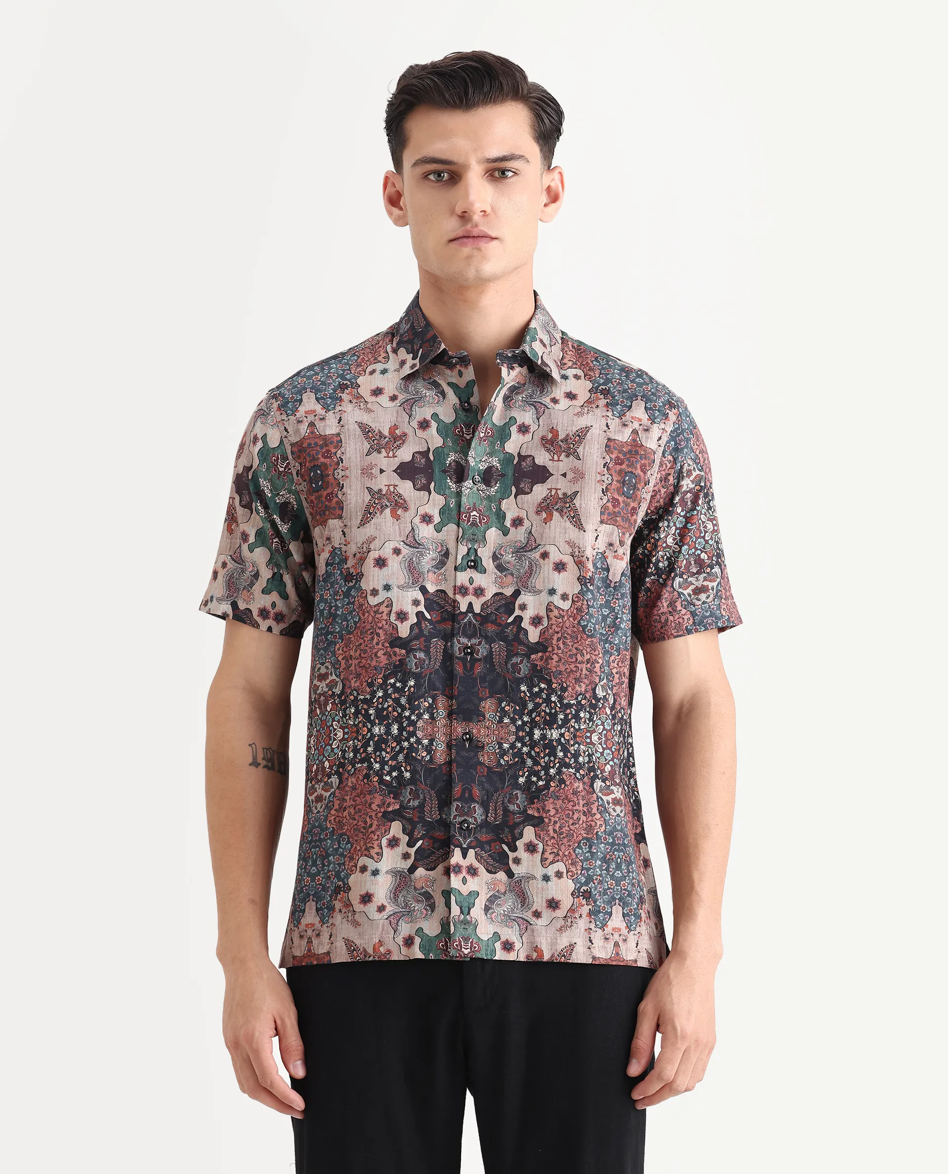 Rare Rabbit Men's Troco Ss Brown Cotton Blend Decorative Print Boxy Fit Half Sleeve Collared Shirt - Image 4
