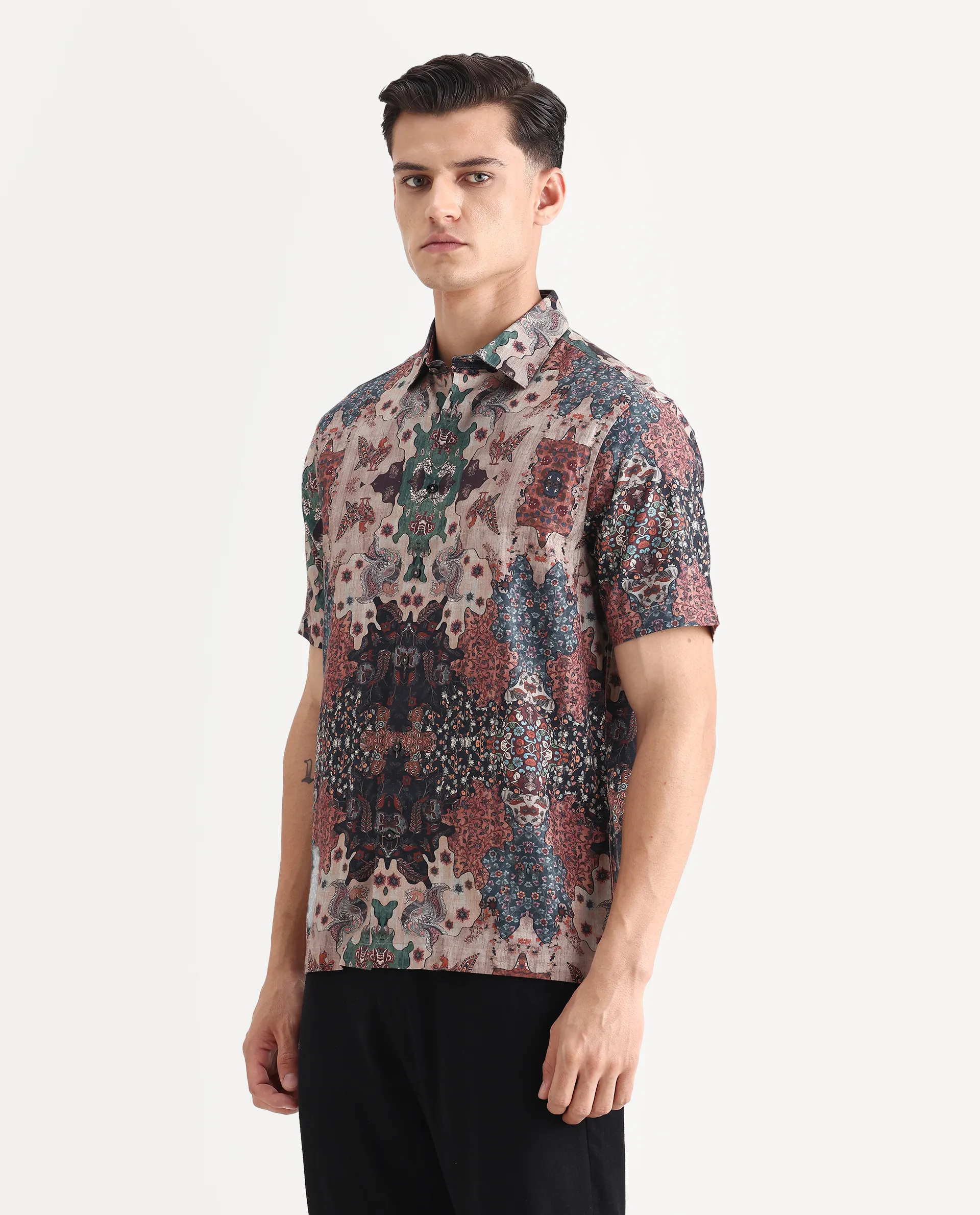 Rare Rabbit Men's Troco Ss Brown Cotton Blend Decorative Print Boxy Fit Half Sleeve Collared Shirt - Image 5