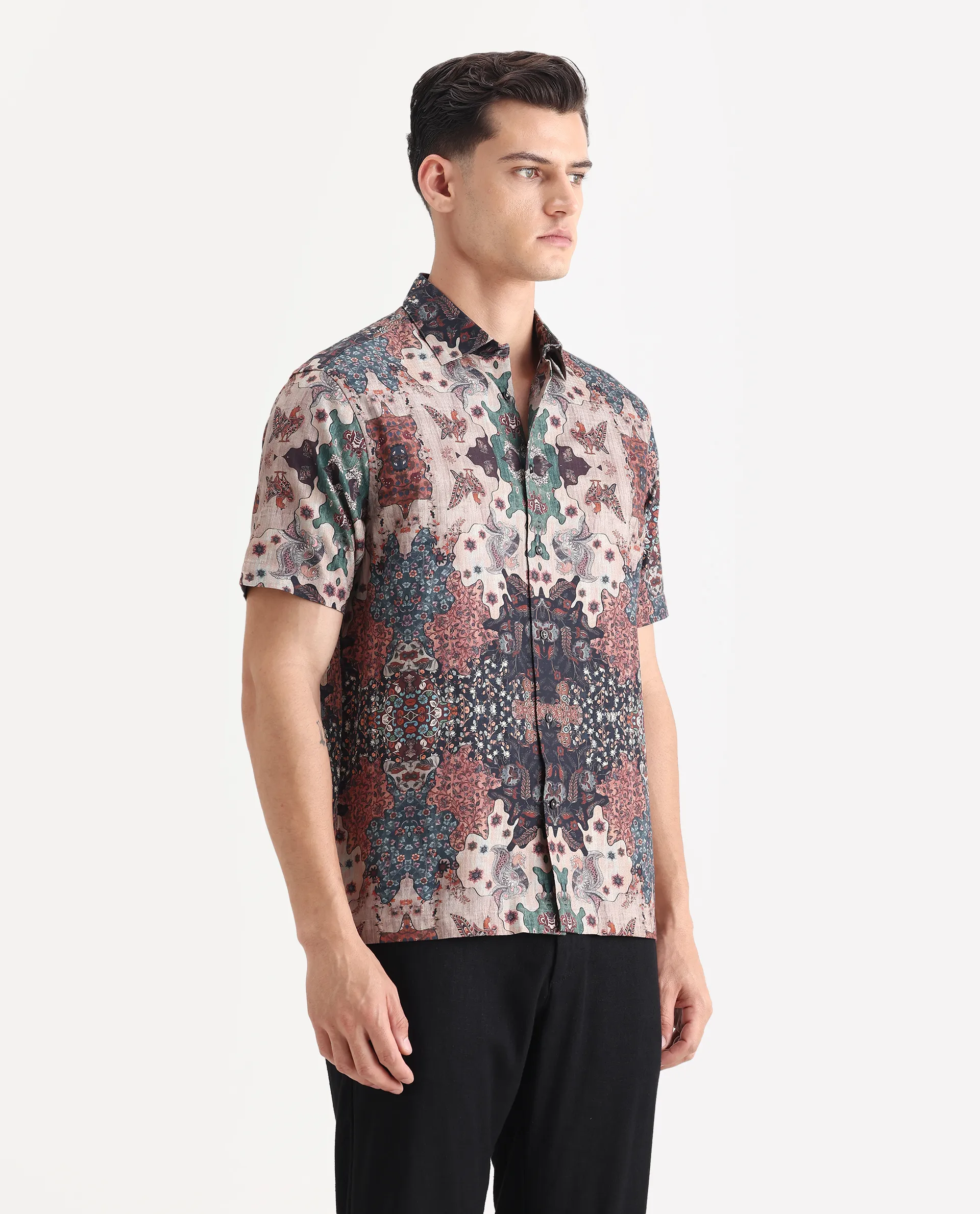 Rare Rabbit Men's Troco Ss Brown Cotton Blend Decorative Print Boxy Fit Half Sleeve Collared Shirt - Image 6