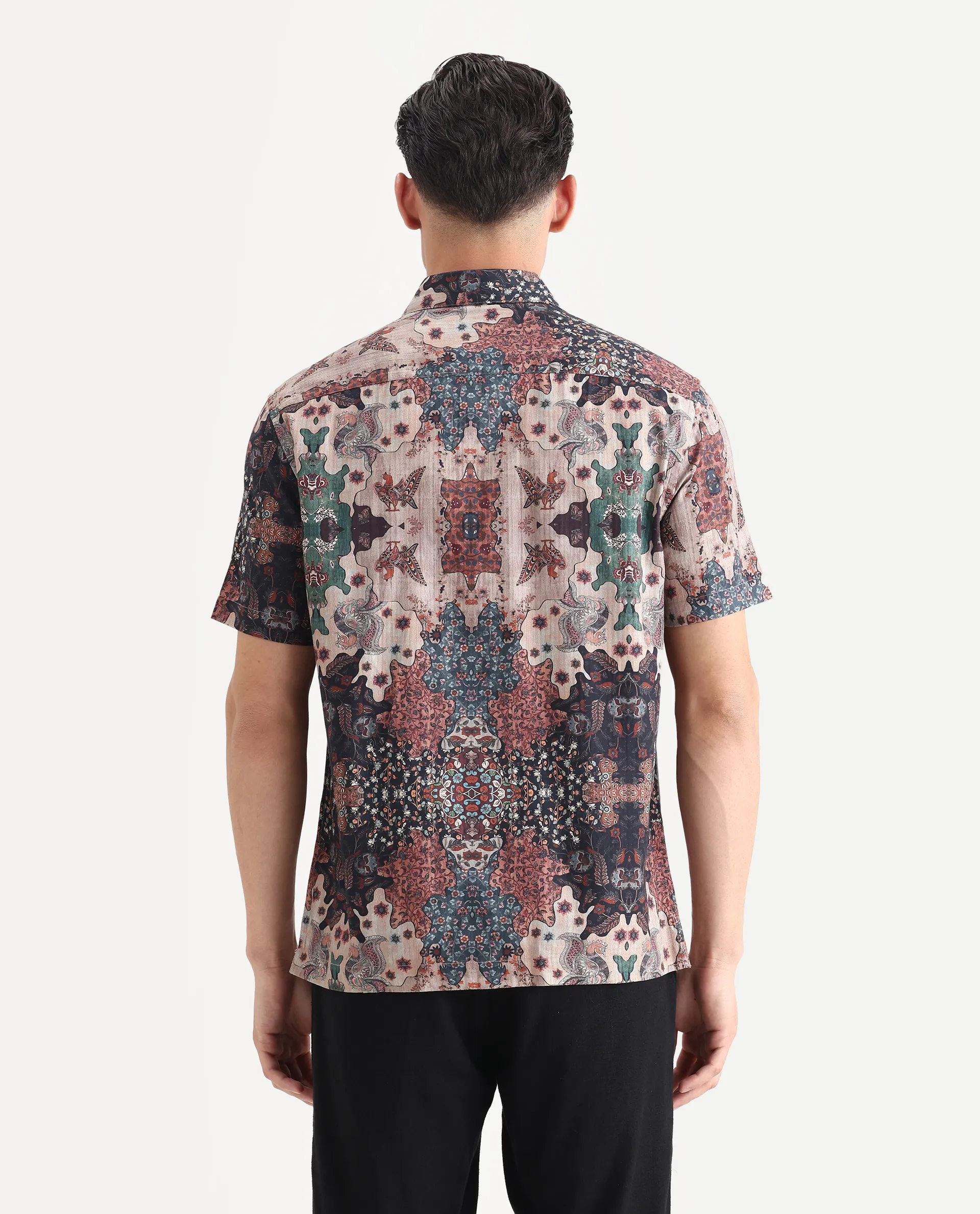 Rare Rabbit Men's Troco Ss Brown Cotton Blend Decorative Print Boxy Fit Half Sleeve Collared Shirt - Image 7