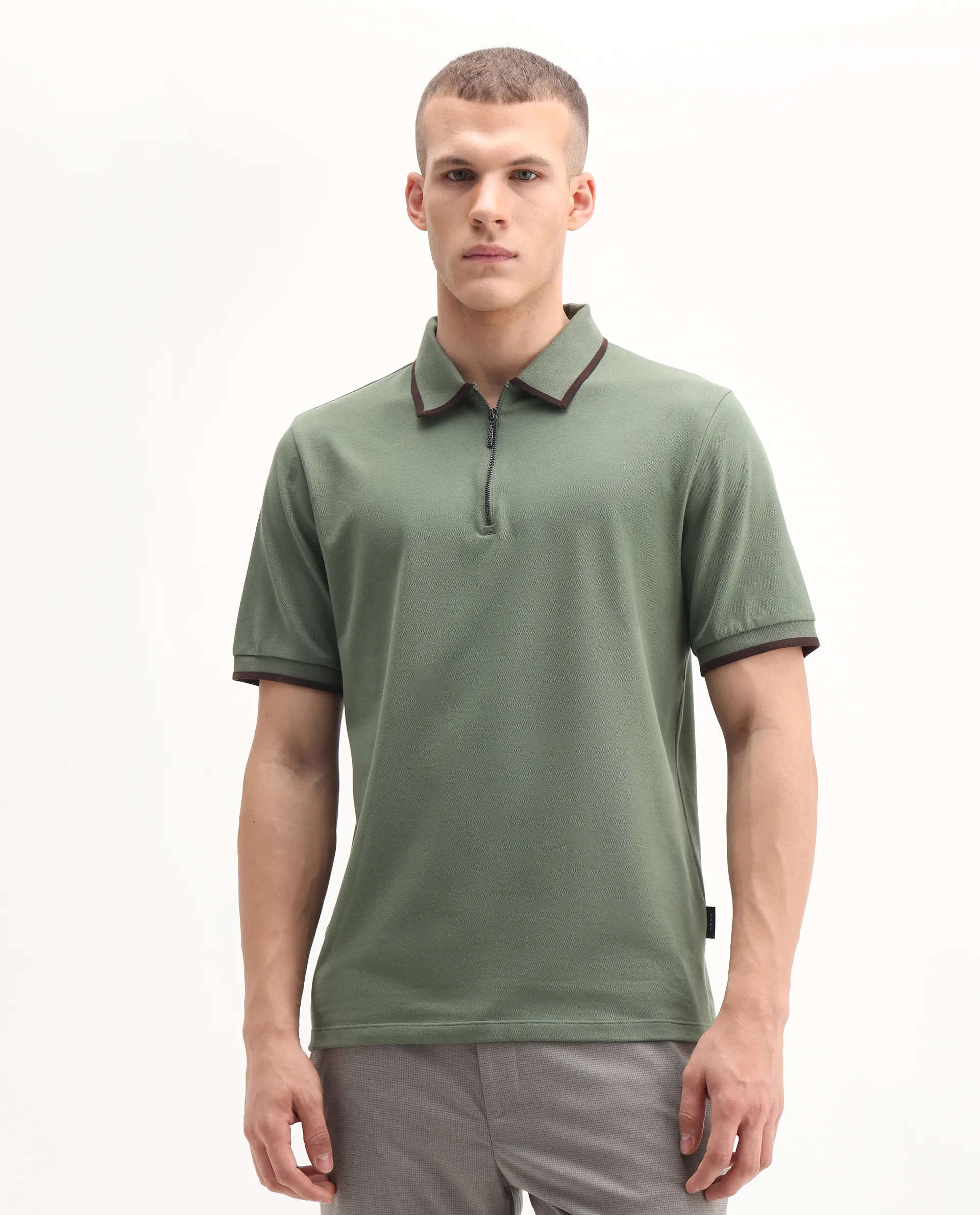 Rare Rabbit Men's Trog Dark Green Cotton Blend Plain Regular Fit Half Sleeve Polo - Image 4