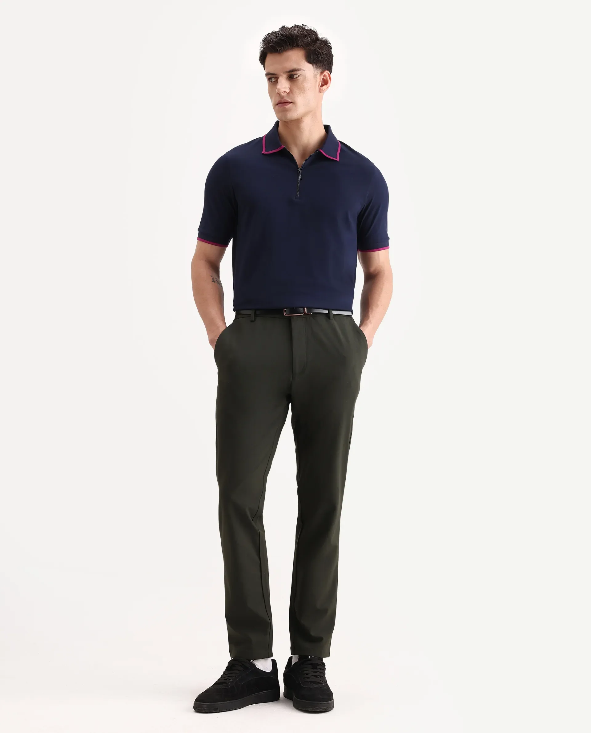 Rare Rabbit Men's Trog Dark Navy Cotton Blend Plain Regular Fit Half Sleeve Polo - Image 2