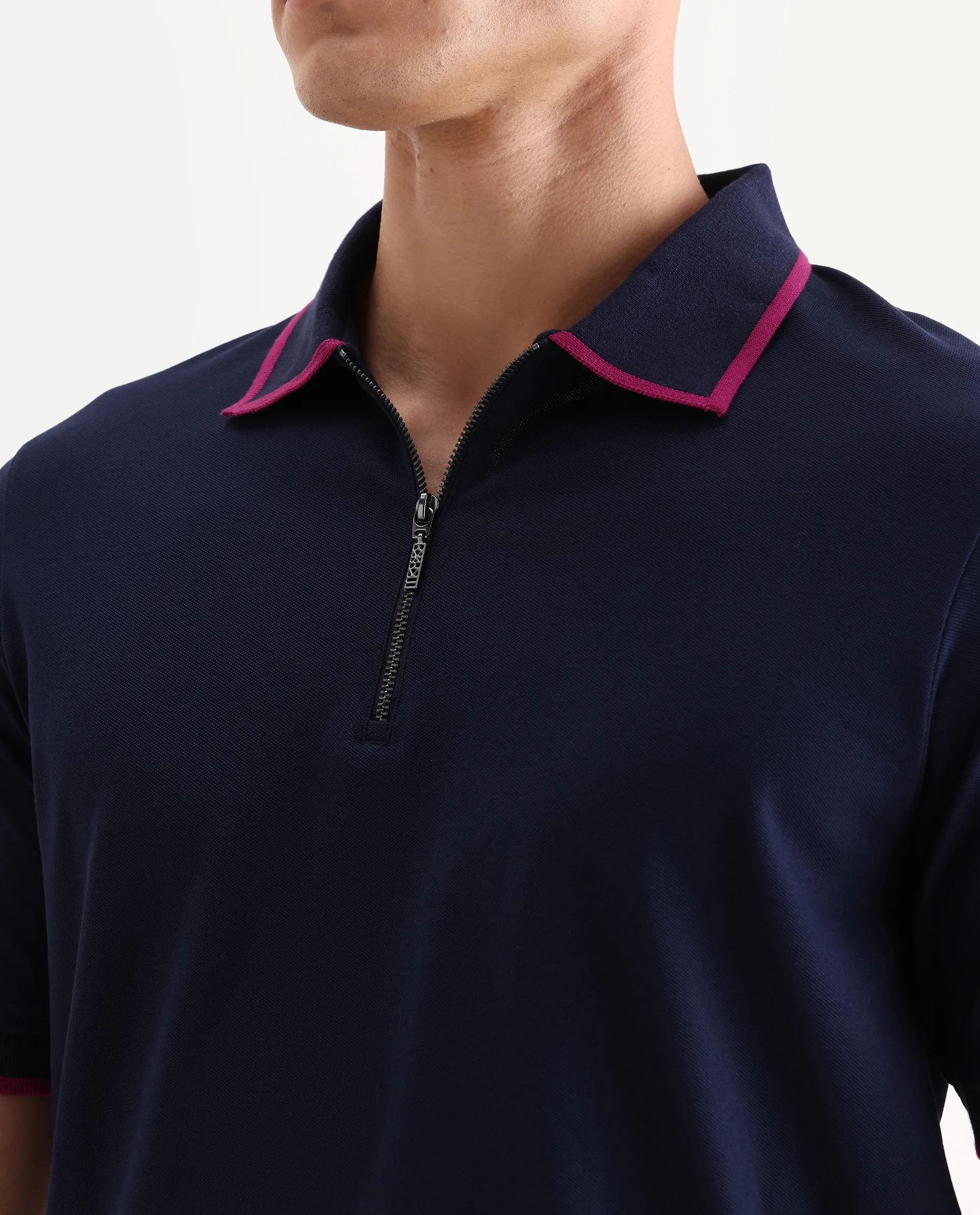 Rare Rabbit Men's Trog Dark Navy Cotton Blend Plain Regular Fit Half Sleeve Polo - Image 3