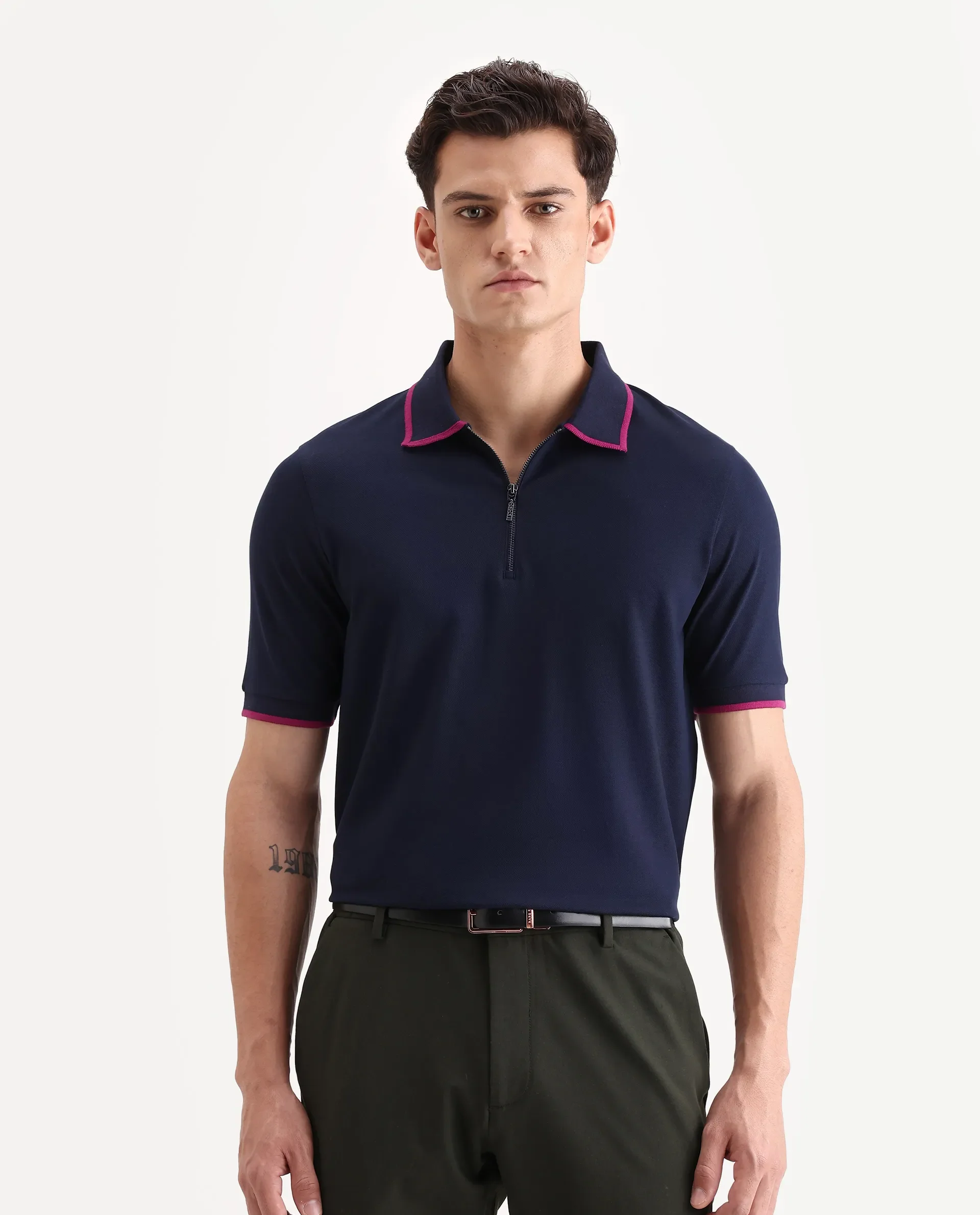 Rare Rabbit Men's Trog Dark Navy Cotton Blend Plain Regular Fit Half Sleeve Polo - Image 4