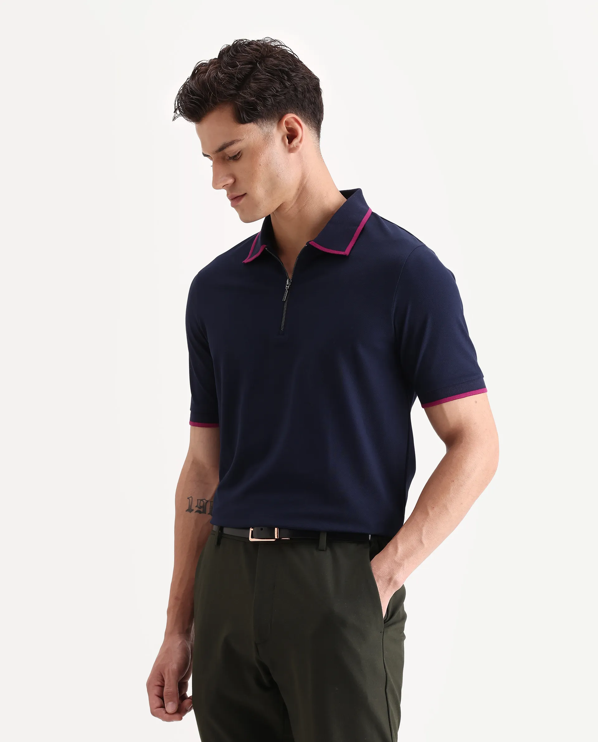 Rare Rabbit Men's Trog Dark Navy Cotton Blend Plain Regular Fit Half Sleeve Polo - Image 5