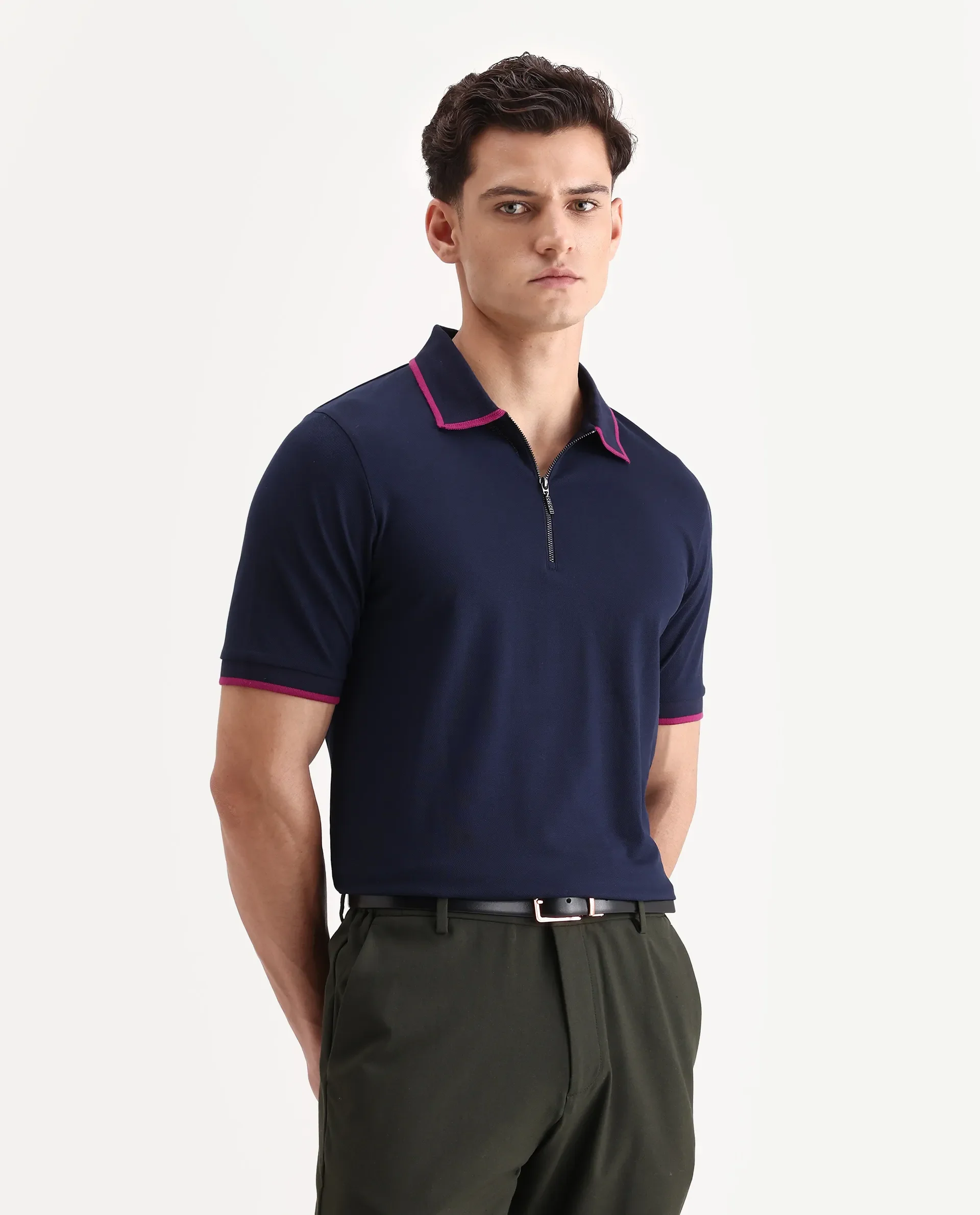 Rare Rabbit Men's Trog Dark Navy Cotton Blend Plain Regular Fit Half Sleeve Polo - Image 6