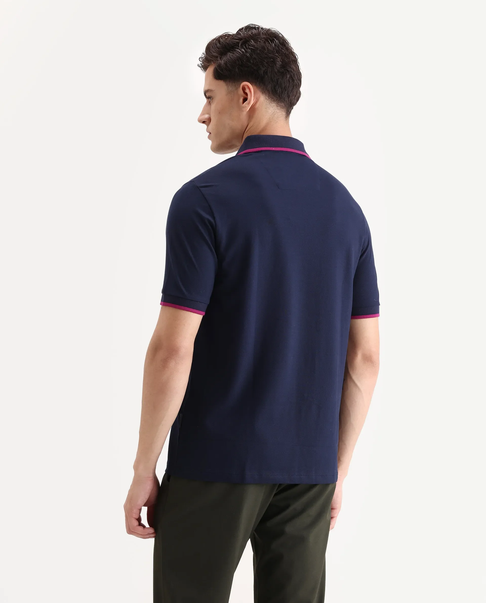 Rare Rabbit Men's Trog Dark Navy Cotton Blend Plain Regular Fit Half Sleeve Polo - Image 7