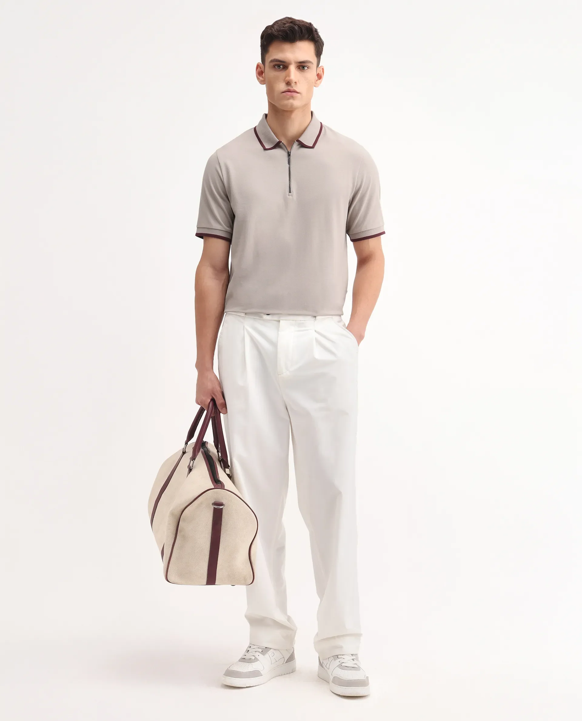 Rare Rabbit Men's Trog Light Beige Cotton Blend Plain Regular Fit Half Sleeve Polo - Image 2