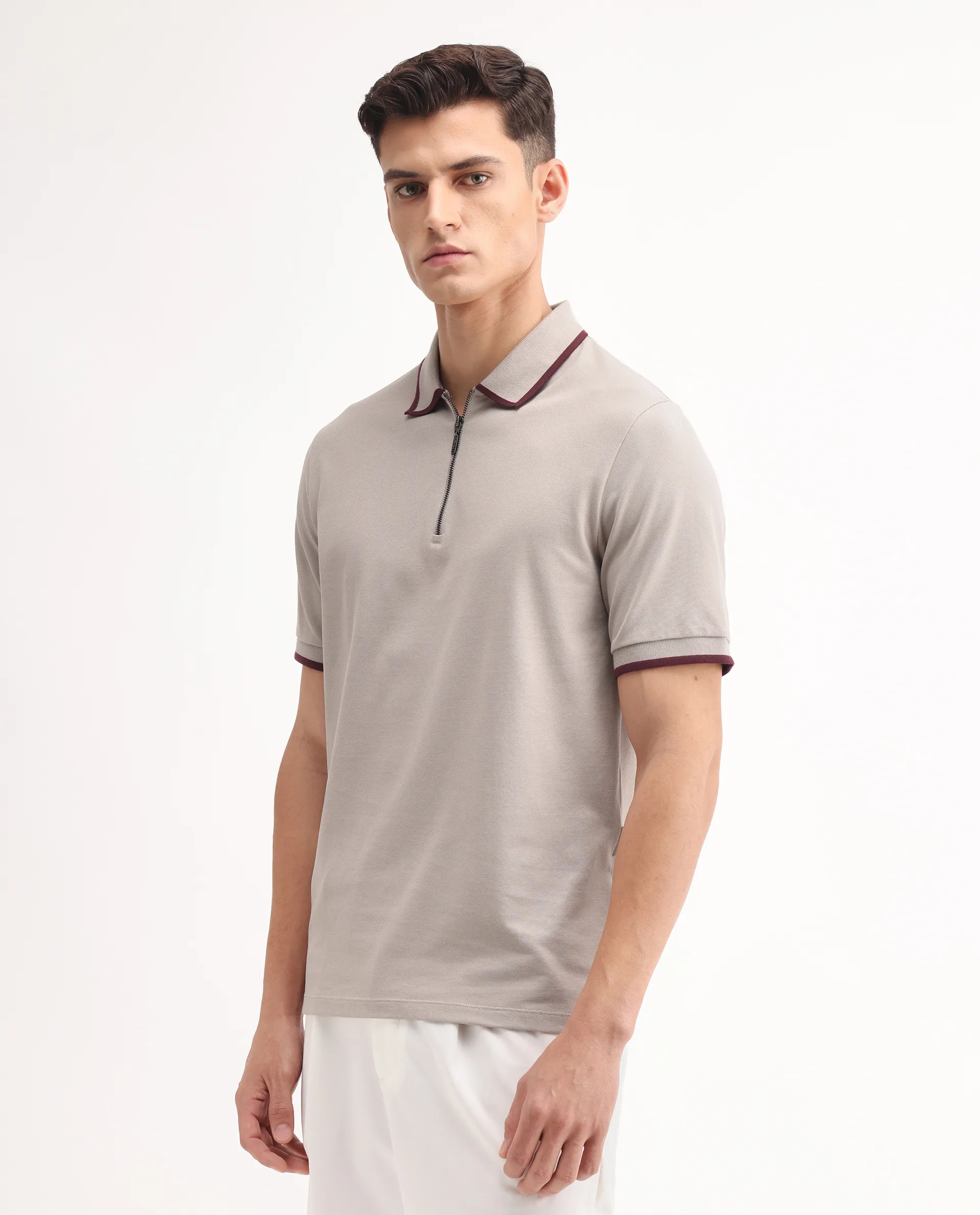 Rare Rabbit Men's Trog Light Beige Cotton Blend Plain Regular Fit Half Sleeve Polo - Image 4