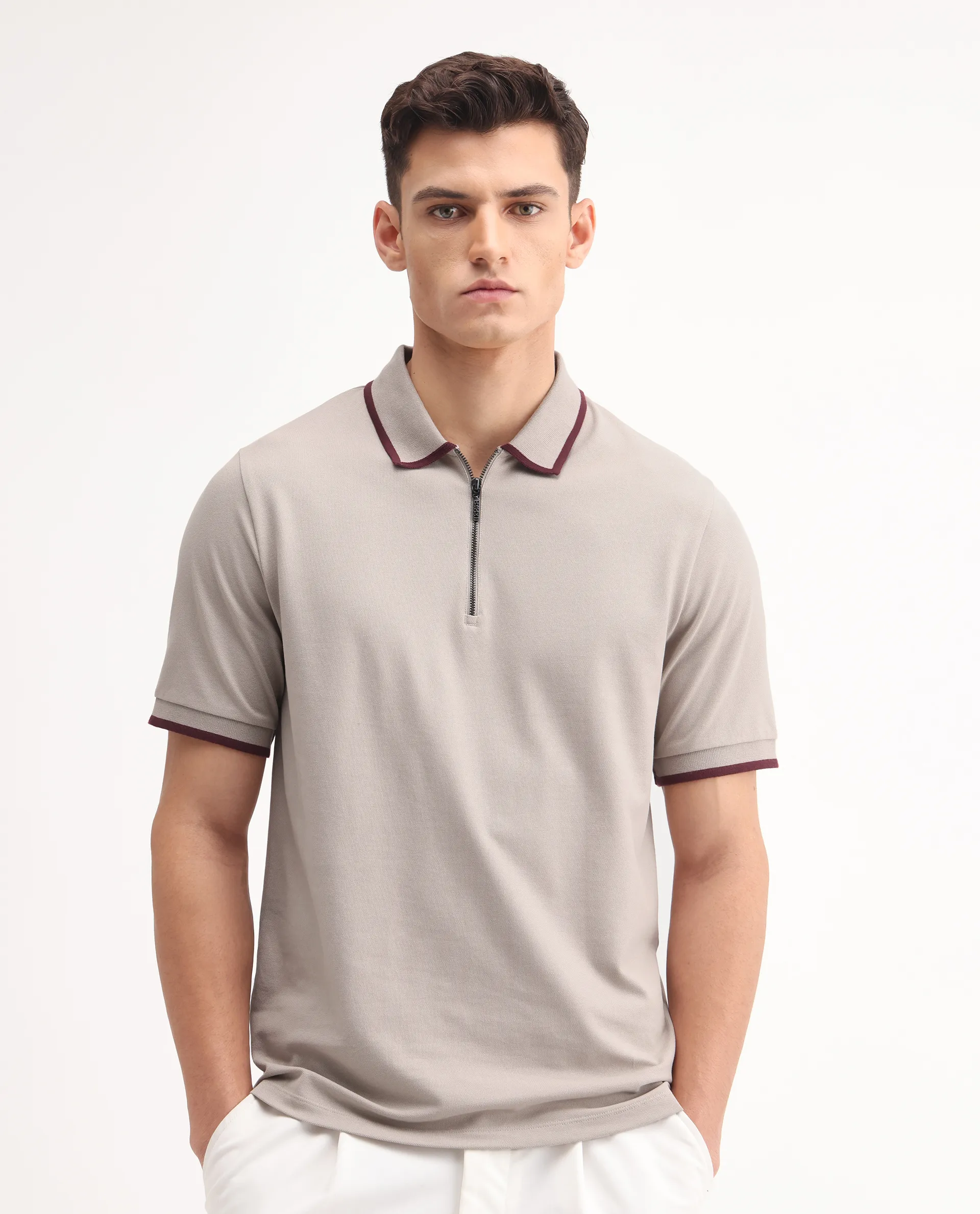 Rare Rabbit Men's Trog Light Beige Cotton Blend Plain Regular Fit Half Sleeve Polo - Image 5