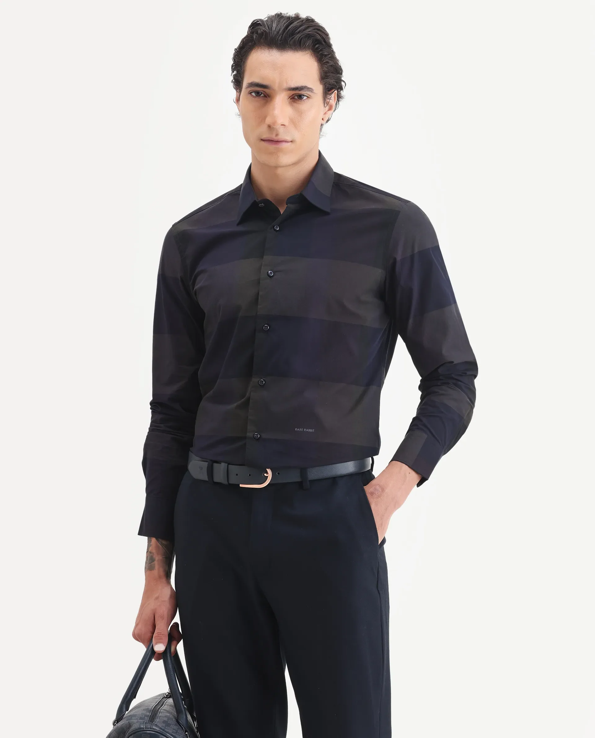 Rare Rabbit Men's Tronte Navy Cotton Checked Print Regular Fit Full Sleeve Collared Shirt