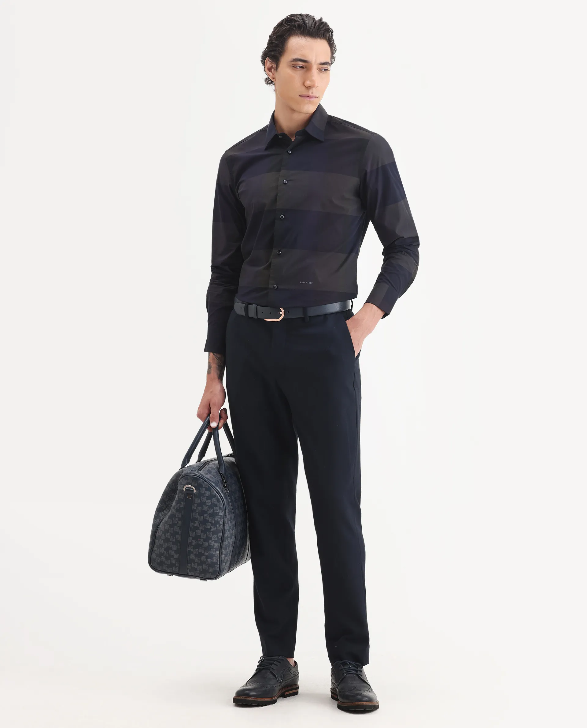 Rare Rabbit Men's Tronte Navy Cotton Checked Print Regular Fit Full Sleeve Collared Shirt - Image 2