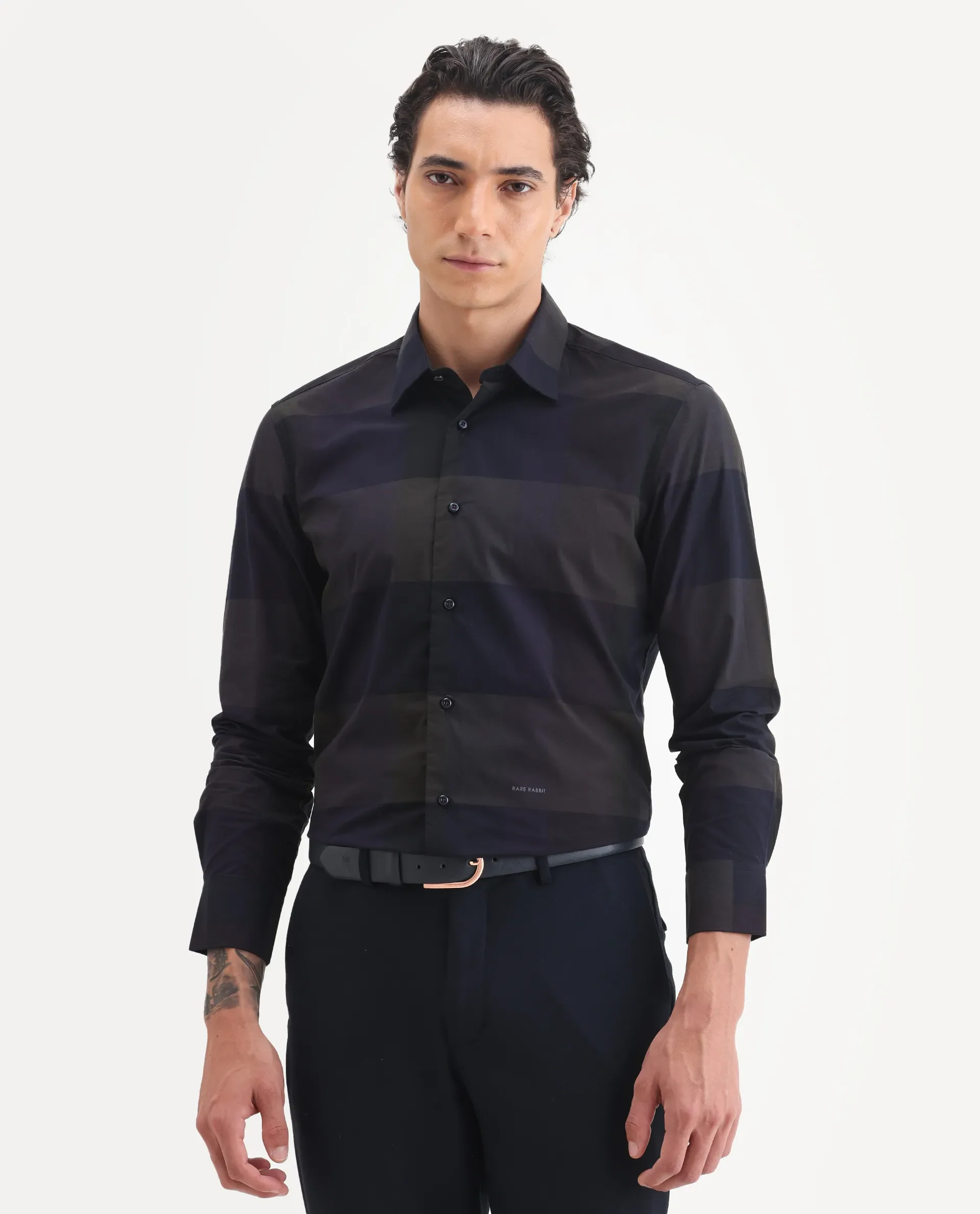 Rare Rabbit Men's Tronte Navy Cotton Checked Print Regular Fit Full Sleeve Collared Shirt - Image 4