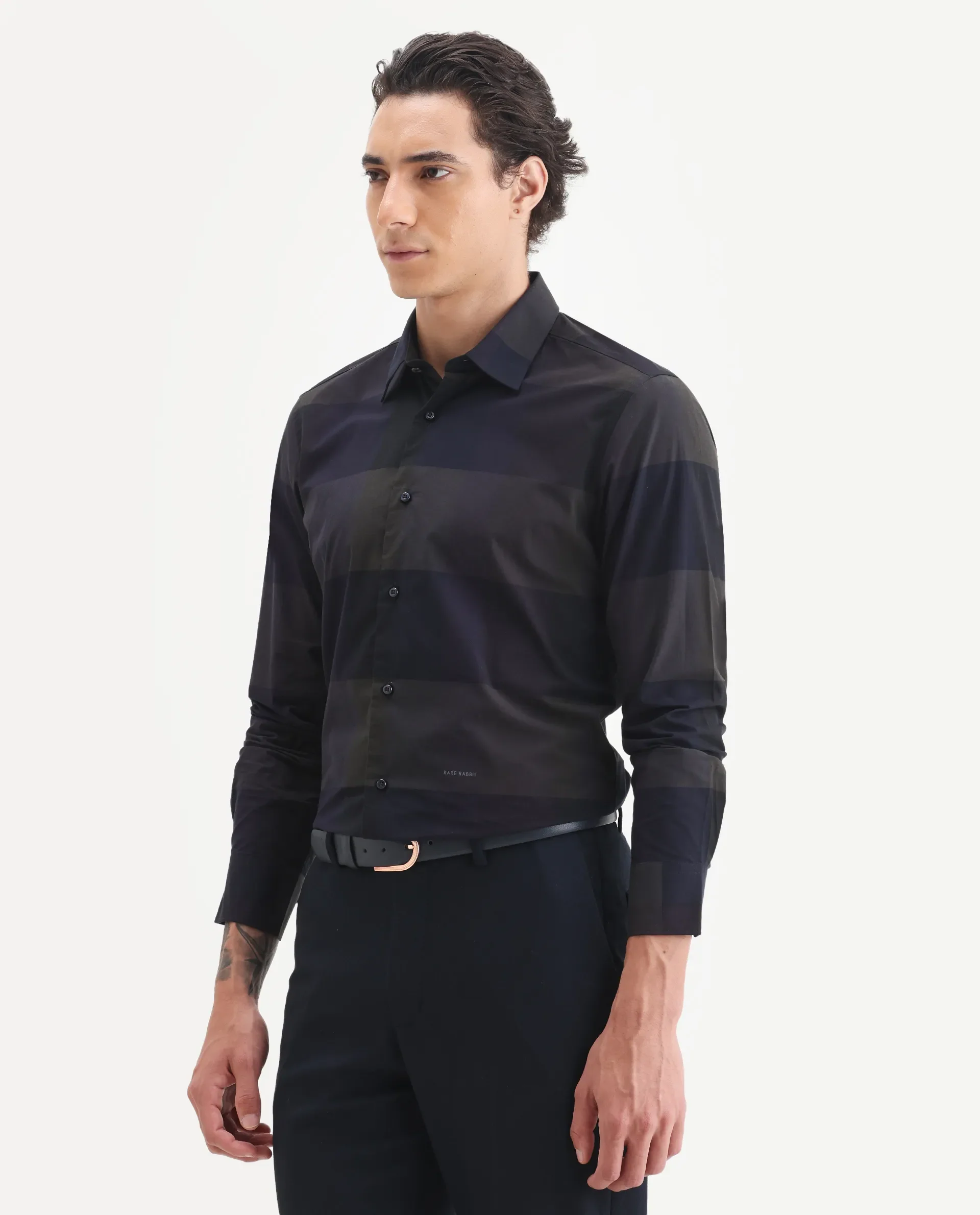 Rare Rabbit Men's Tronte Navy Cotton Checked Print Regular Fit Full Sleeve Collared Shirt - Image 5